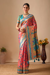 Patola Banarasi Silk Saree in Pink and Rama Contrast