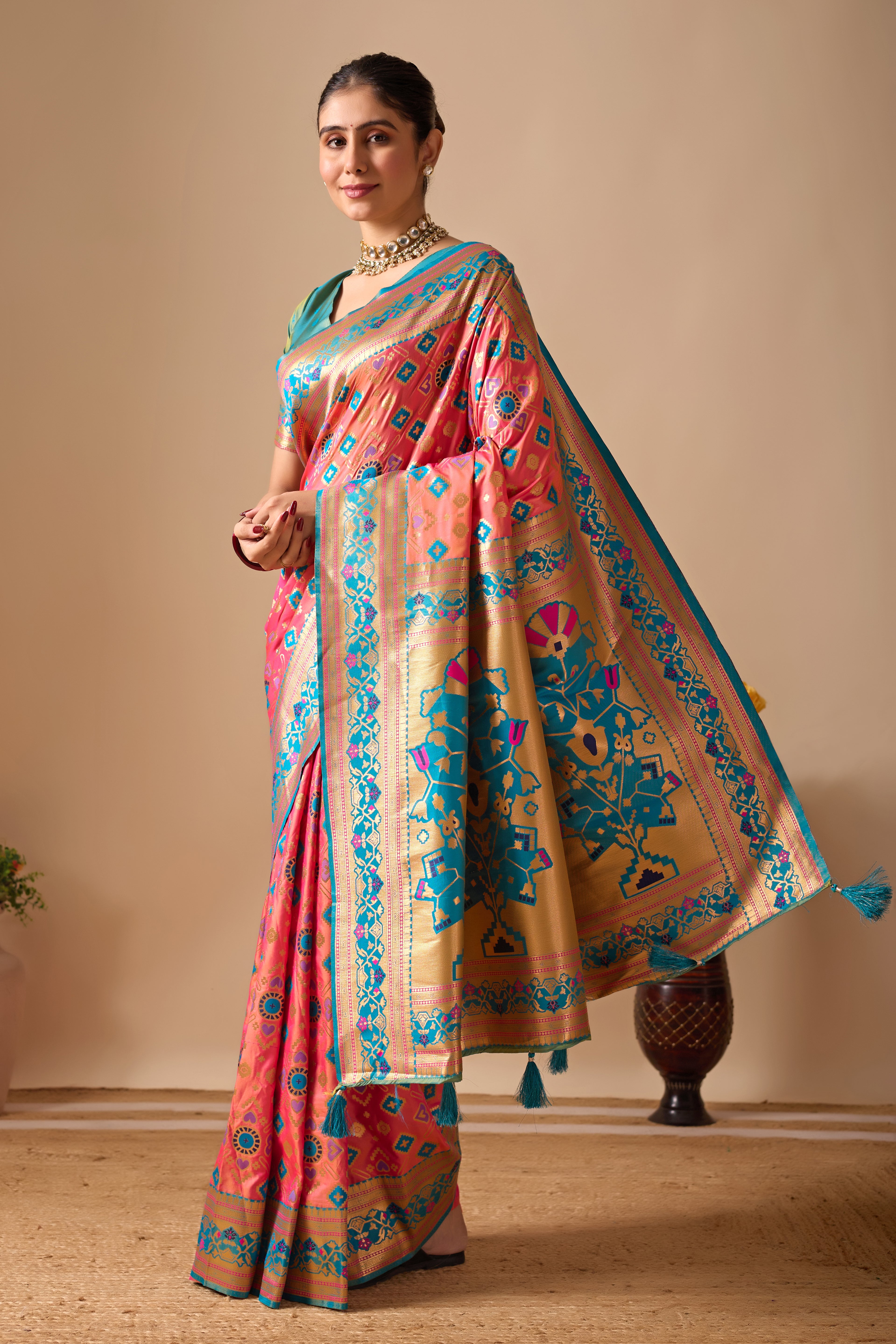 Patola Banarasi Silk Saree in Pink and Rama Contrast