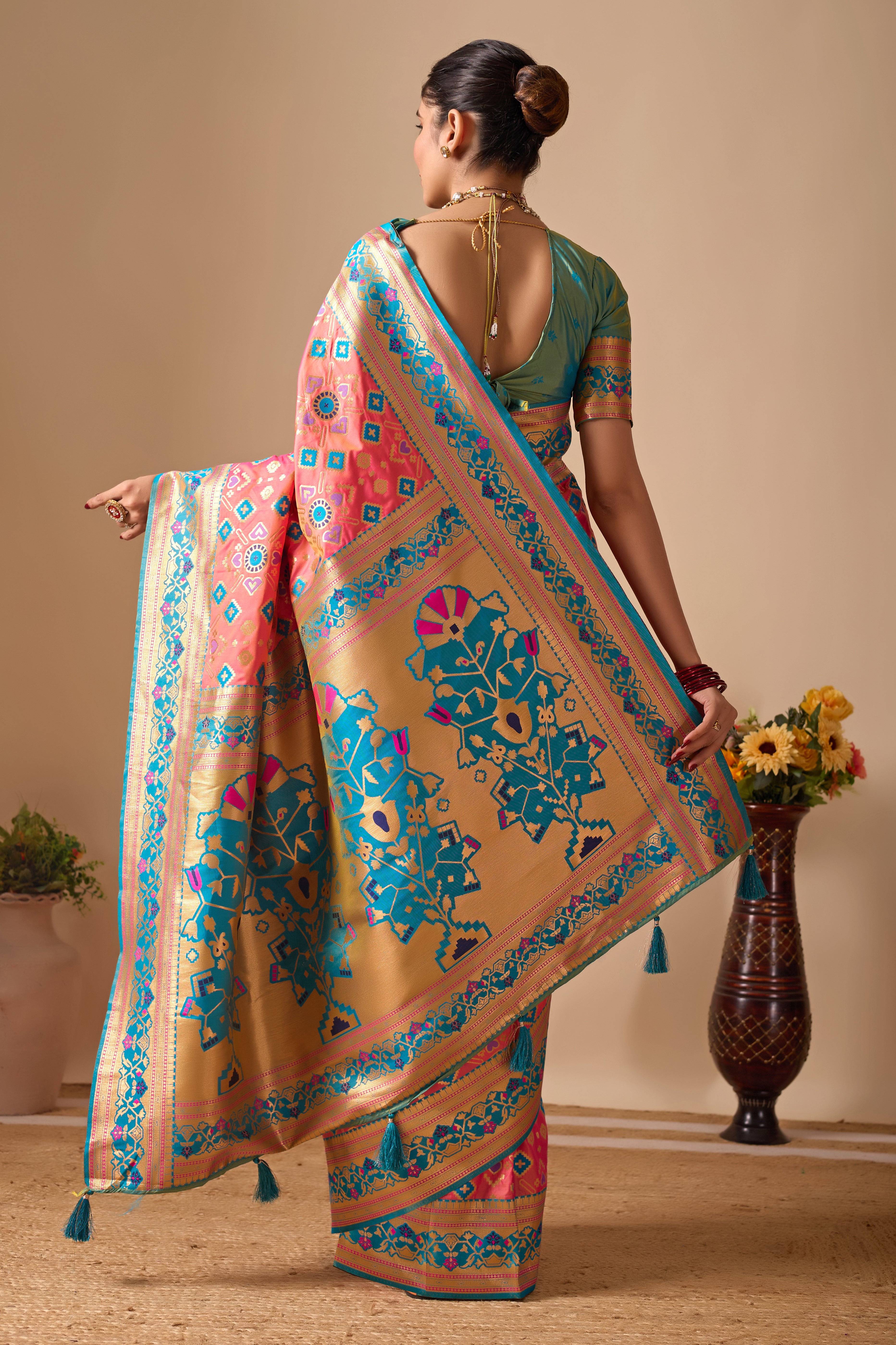 Patola Banarasi Silk Saree in Pink and Rama Contrast