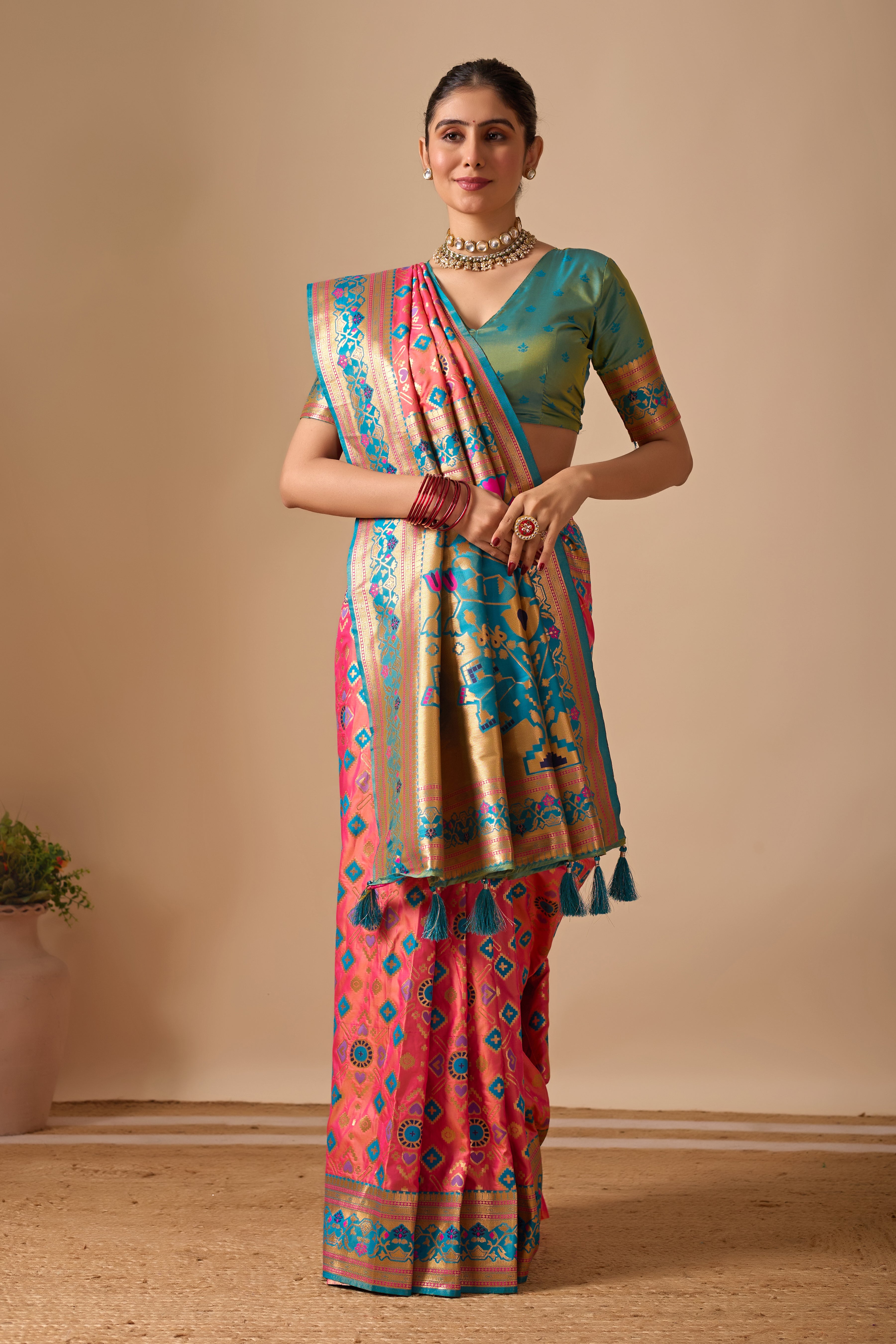 Patola Banarasi Silk Saree in Pink and Rama Contrast
