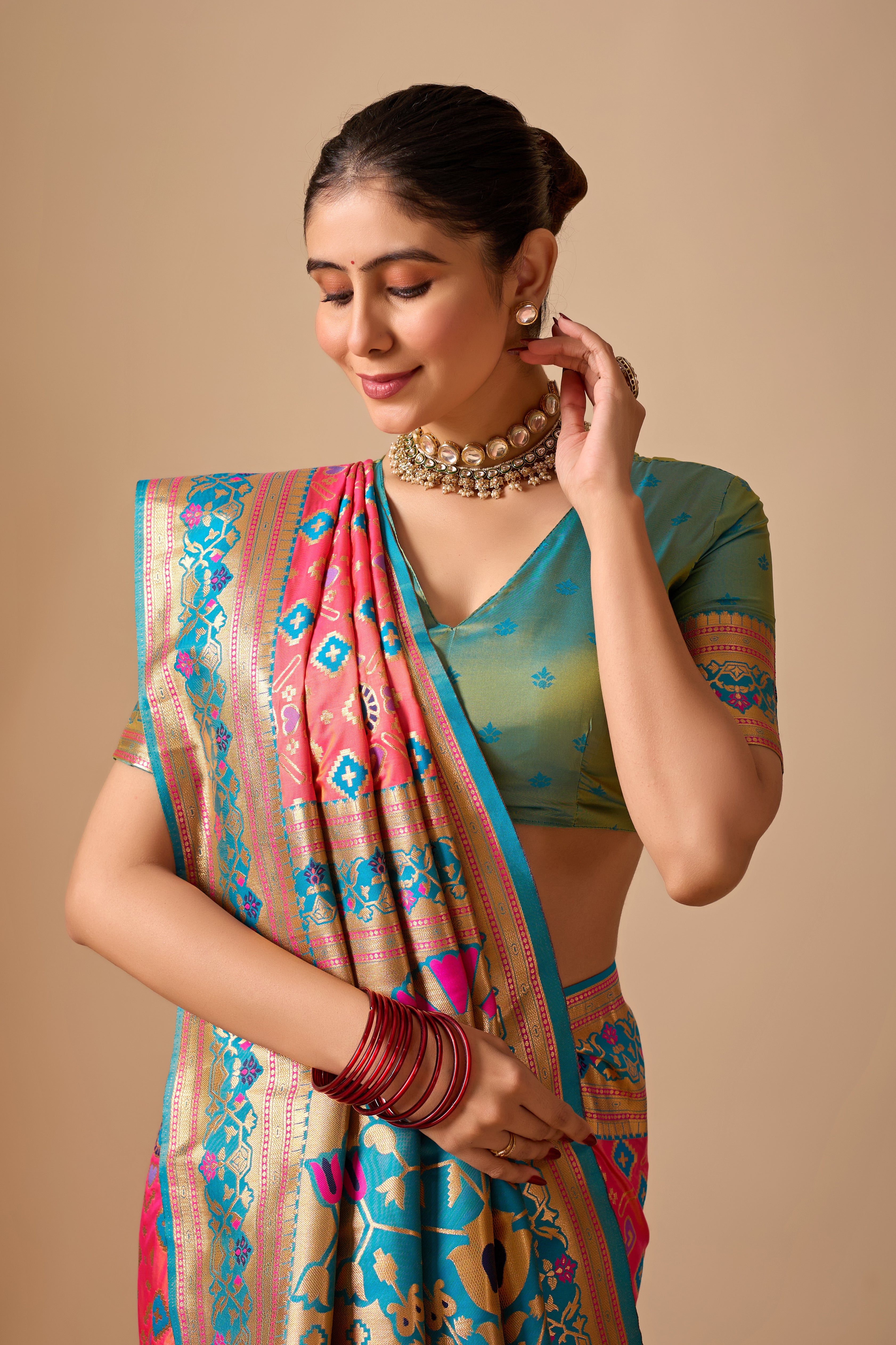 Patola Banarasi Silk Saree in Pink and Rama Contrast