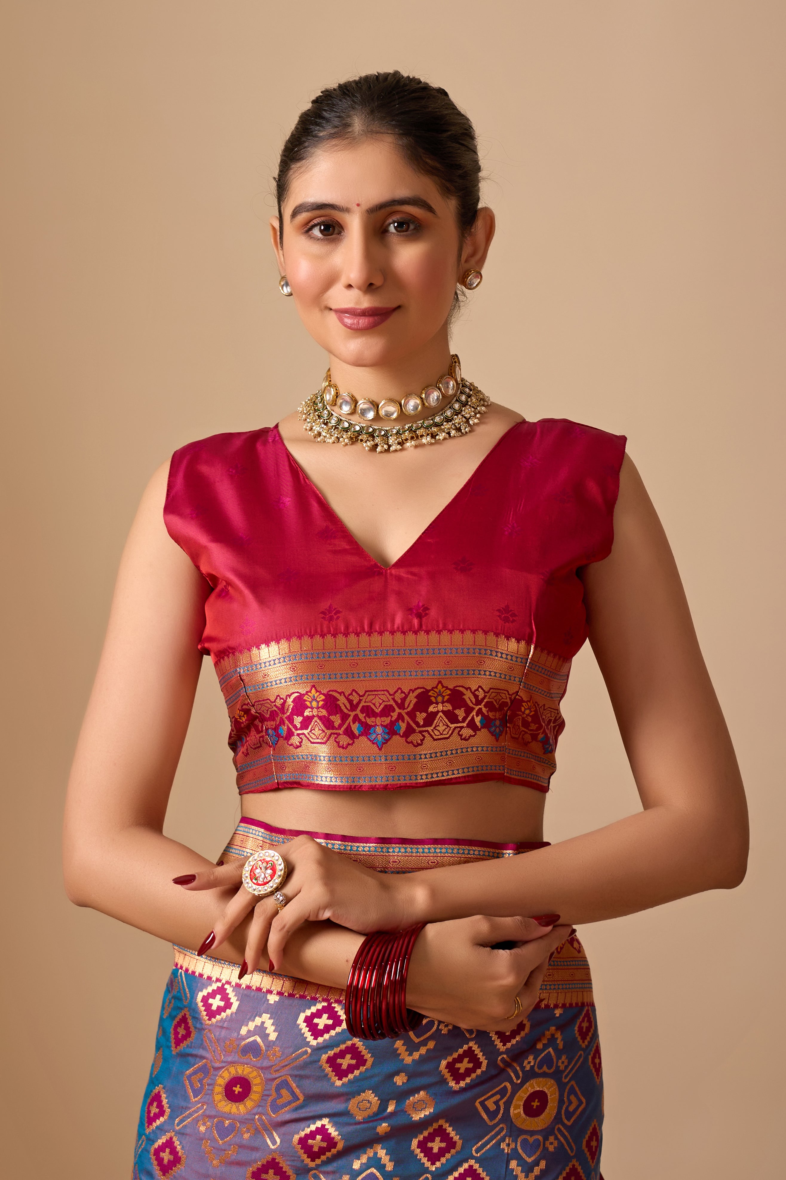 Patola Banarasi Silk Saree in Dusty Rama and Wine Contrast