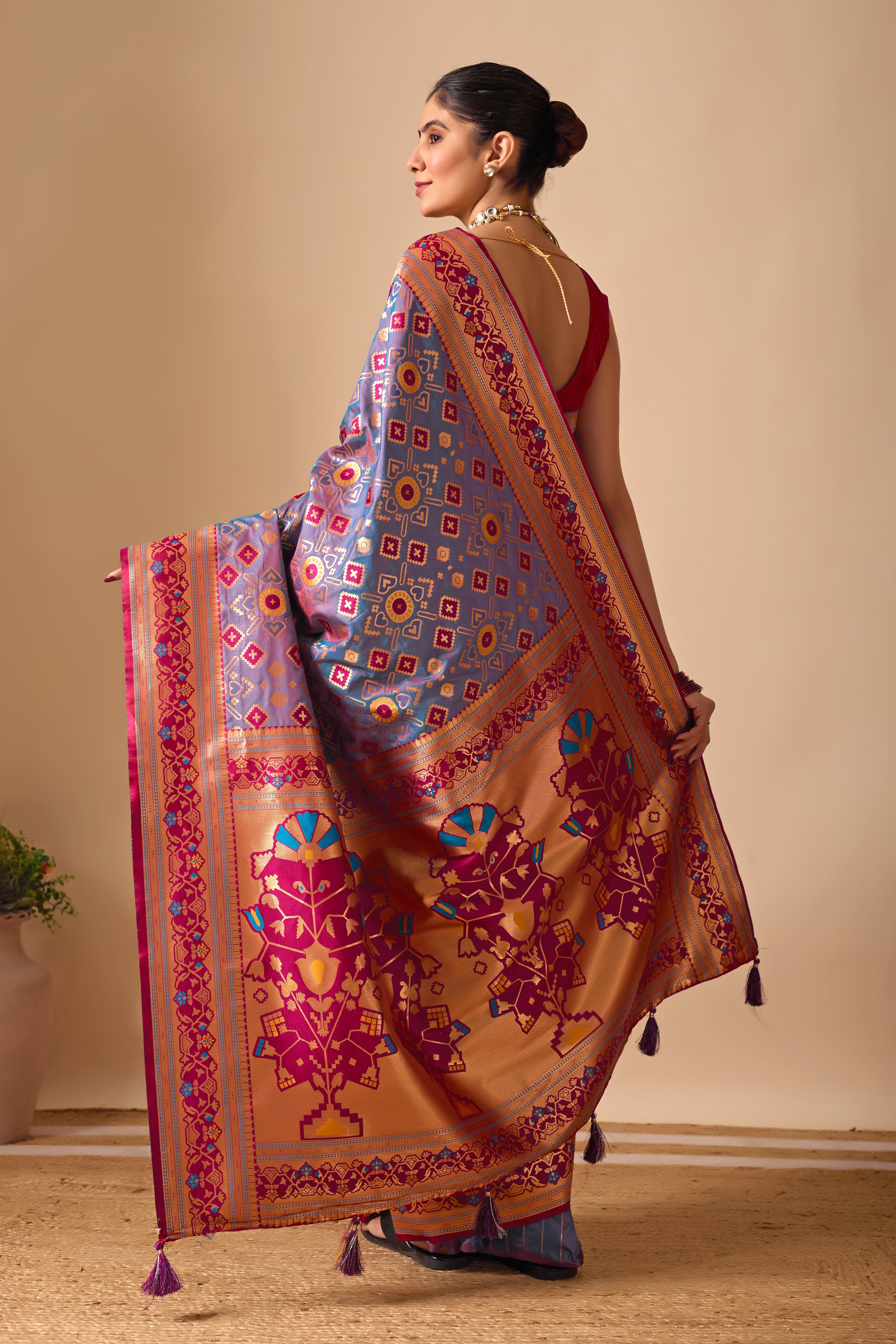 Patola Banarasi Silk Saree in Dusty Rama and Wine Contrast