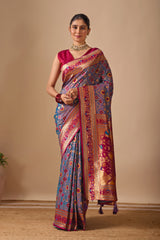 Patola Banarasi Silk Saree in Dusty Rama and Wine Contrast