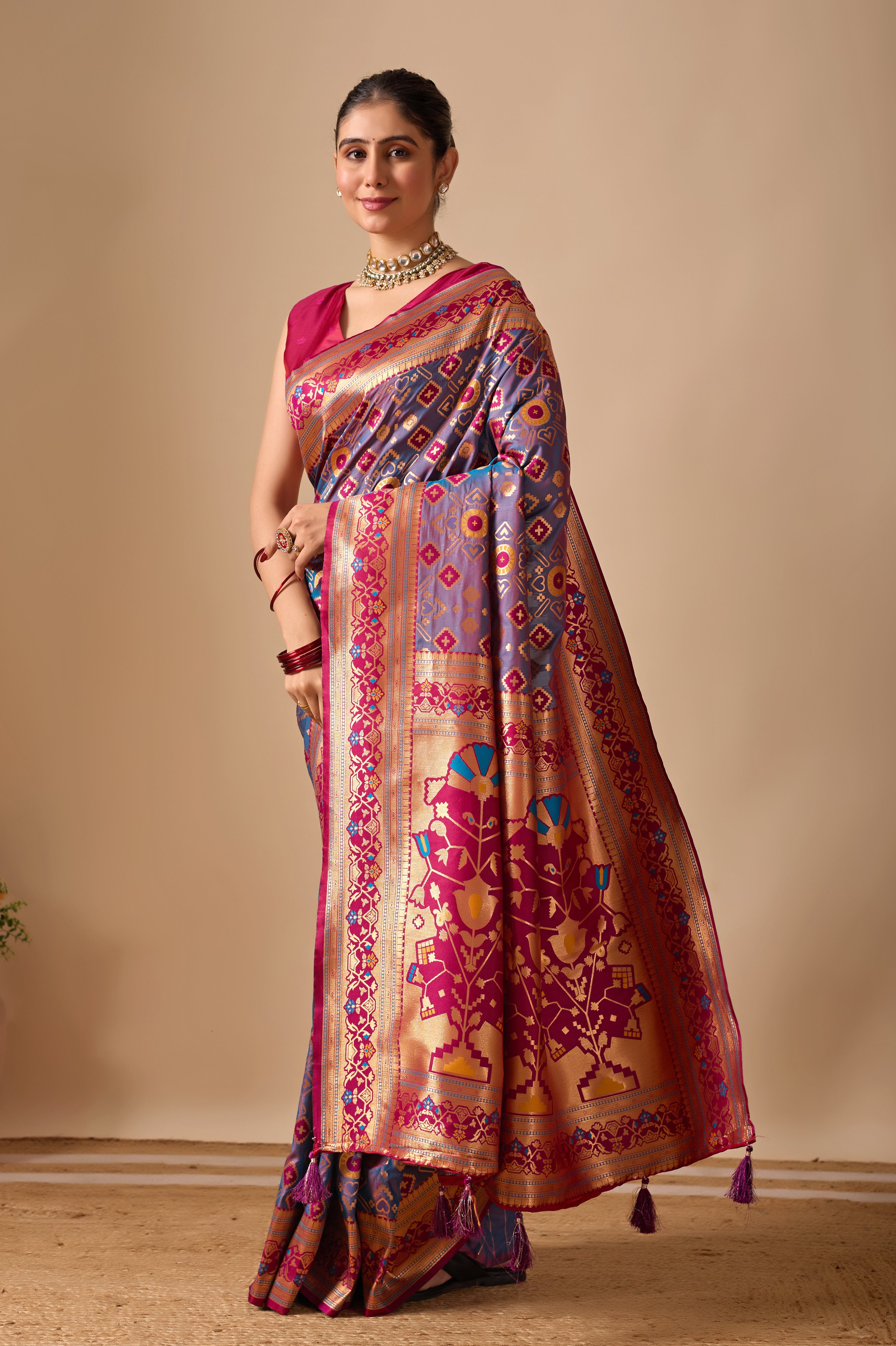 Patola Banarasi Silk Saree in Dusty Rama and Wine Contrast