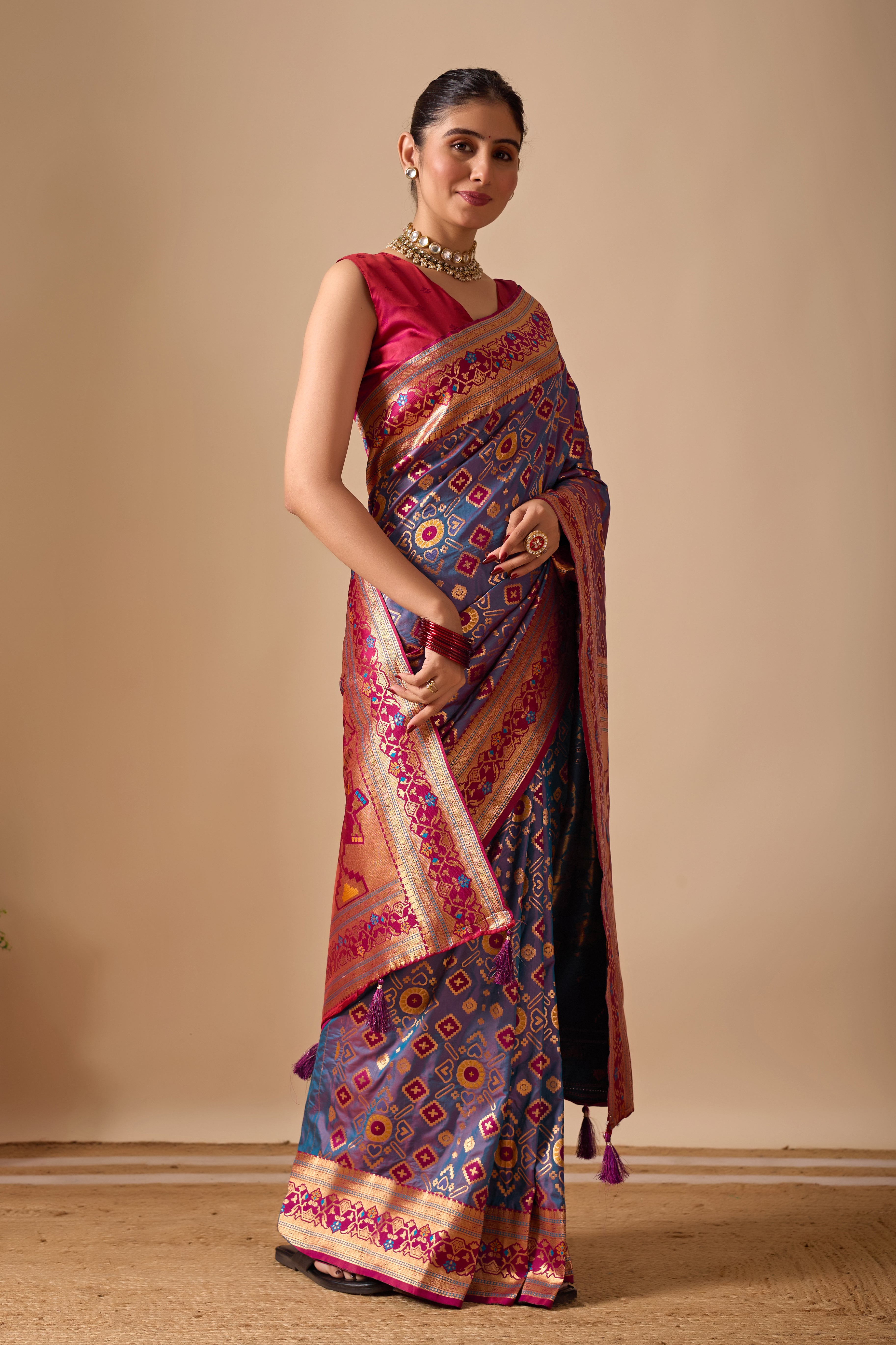 Patola Banarasi Silk Saree in Dusty Rama and Wine Contrast