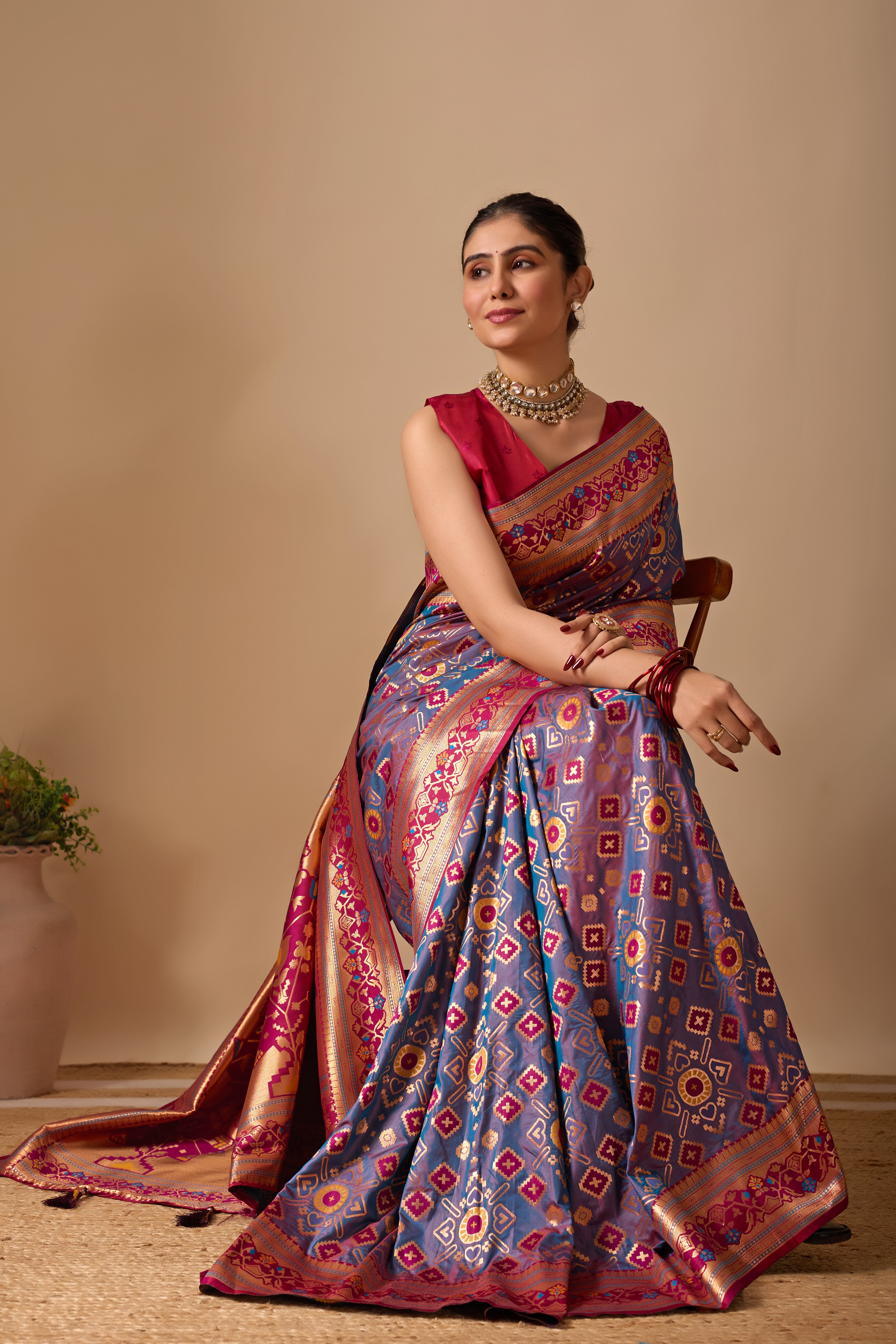 Patola Banarasi Silk Saree in Dusty Rama and Wine Contrast