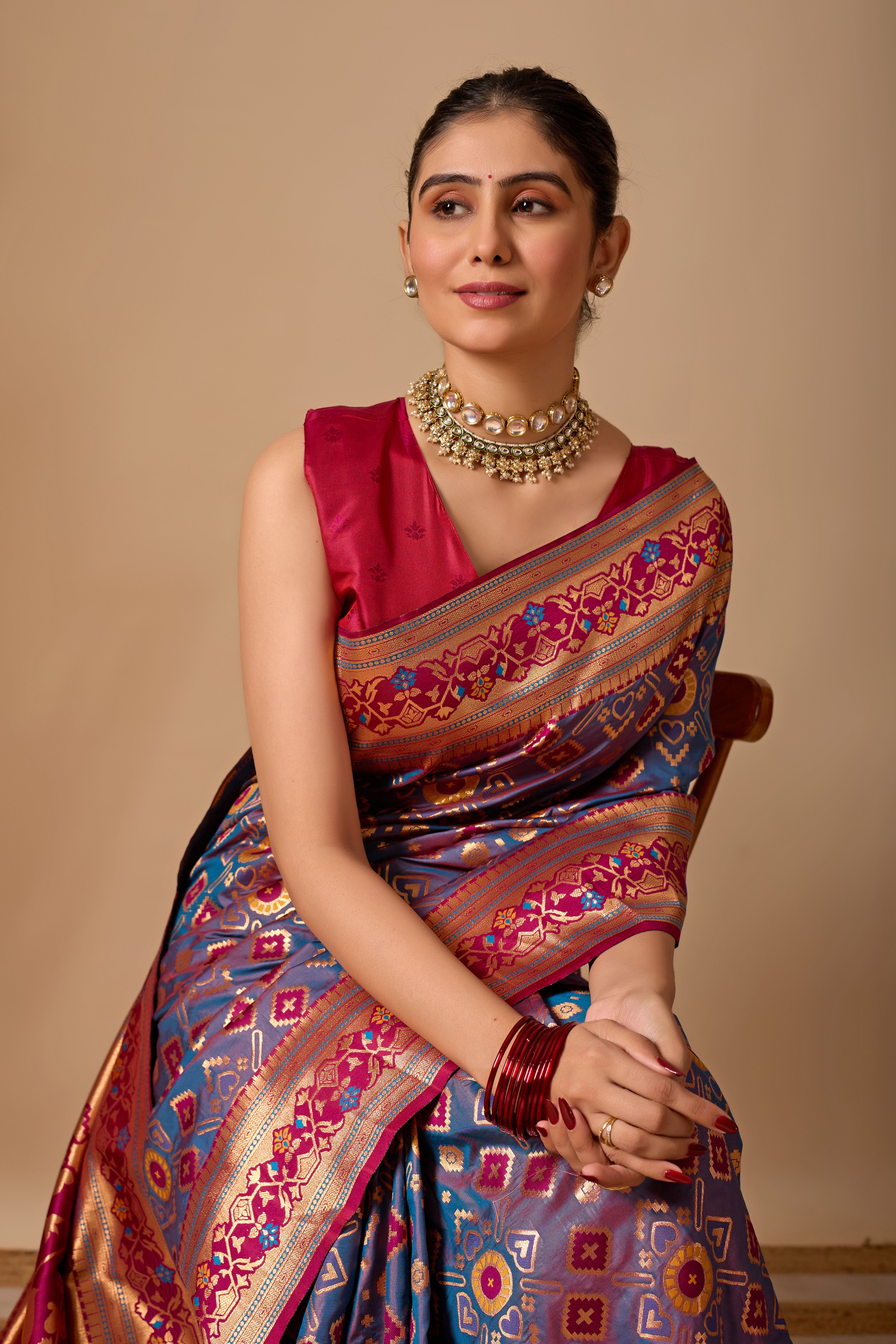 Patola Banarasi Silk Saree in Dusty Rama and Wine Contrast