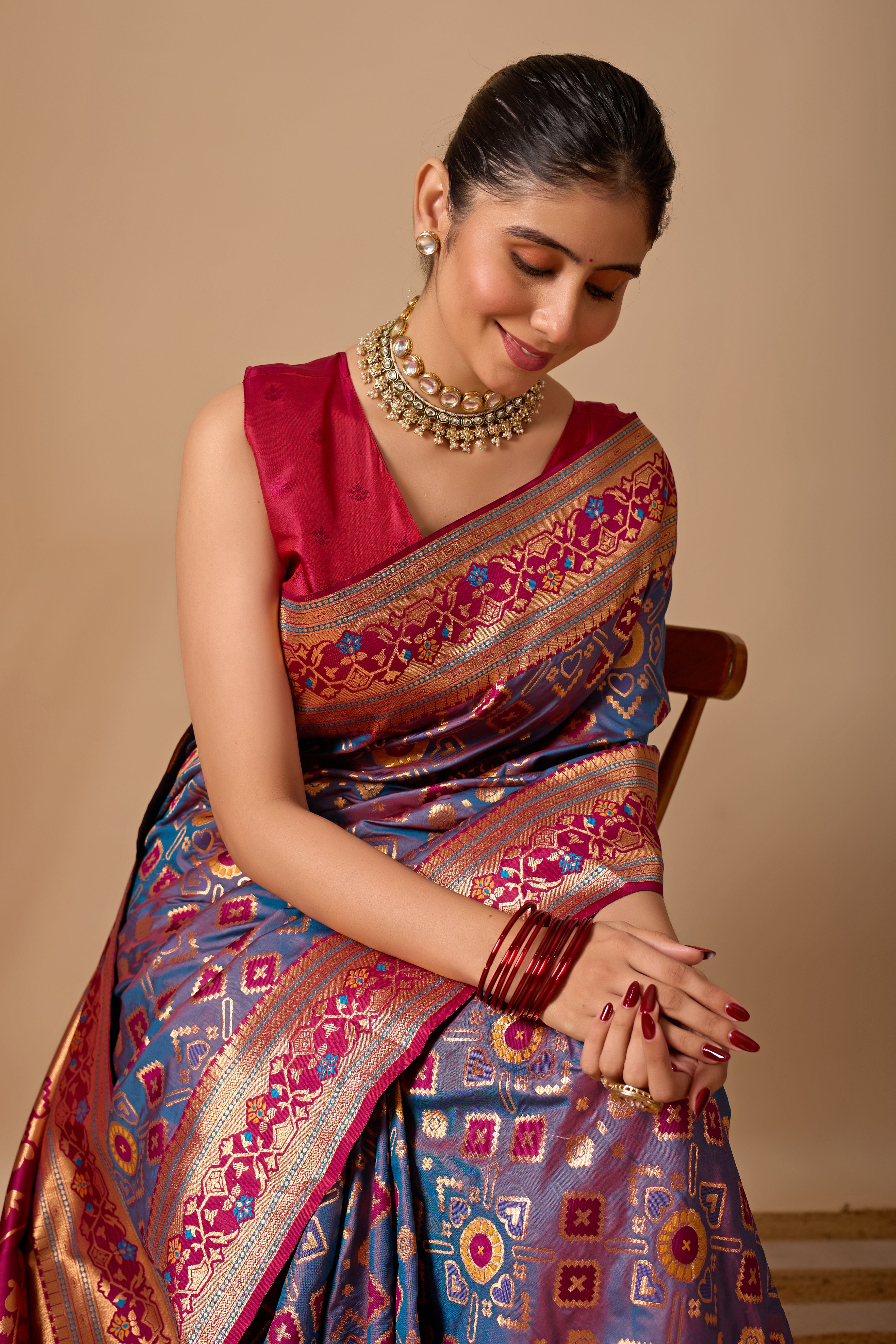 Patola Banarasi Silk Saree in Dusty Rama and Wine Contrast