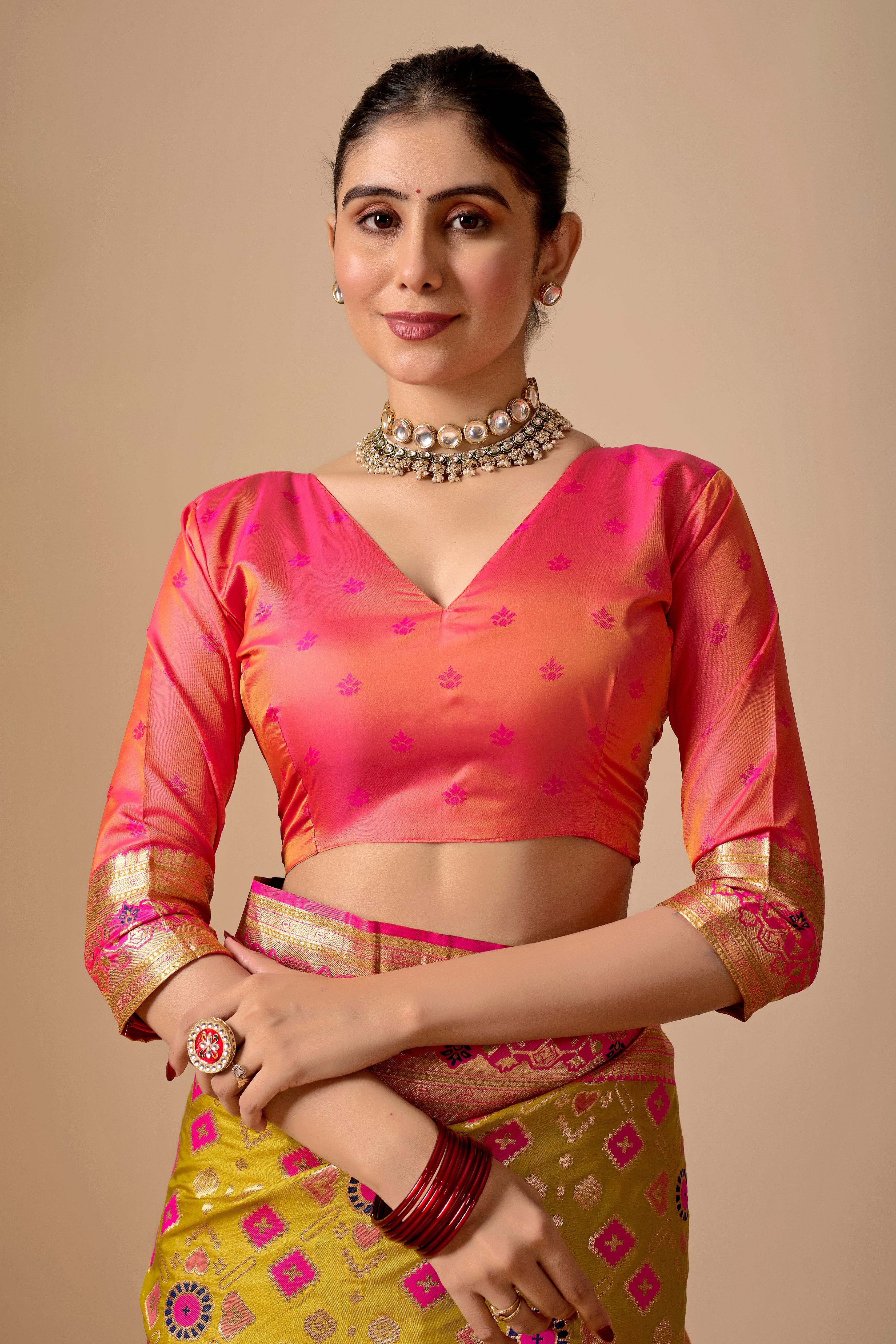 Patola Banarasi Silk Saree in Mehendi and Rani Contrast