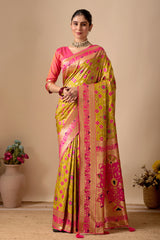 Patola Banarasi Silk Saree in Mehendi and Rani Contrast