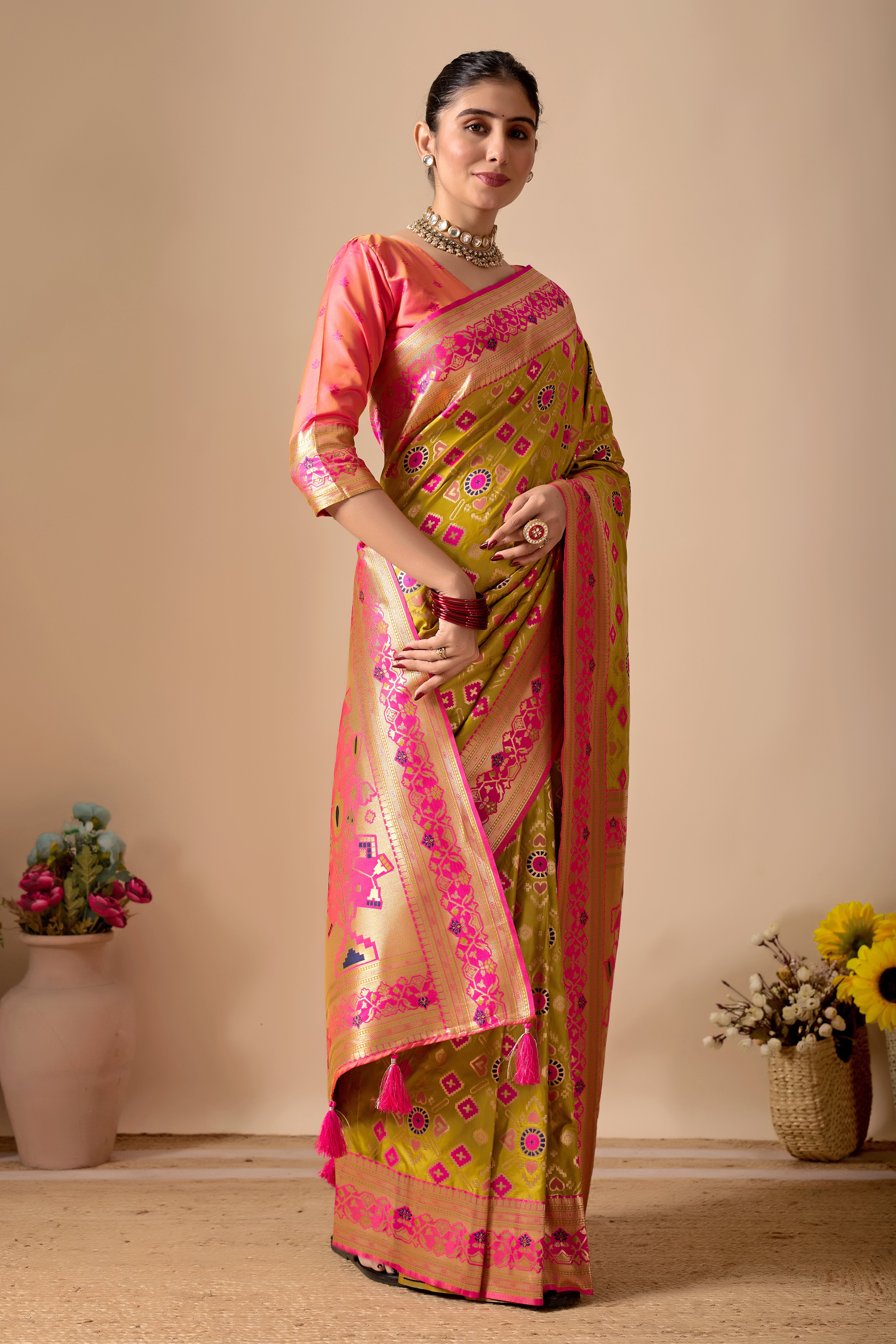 Patola Banarasi Silk Saree in Mehendi and Rani Contrast