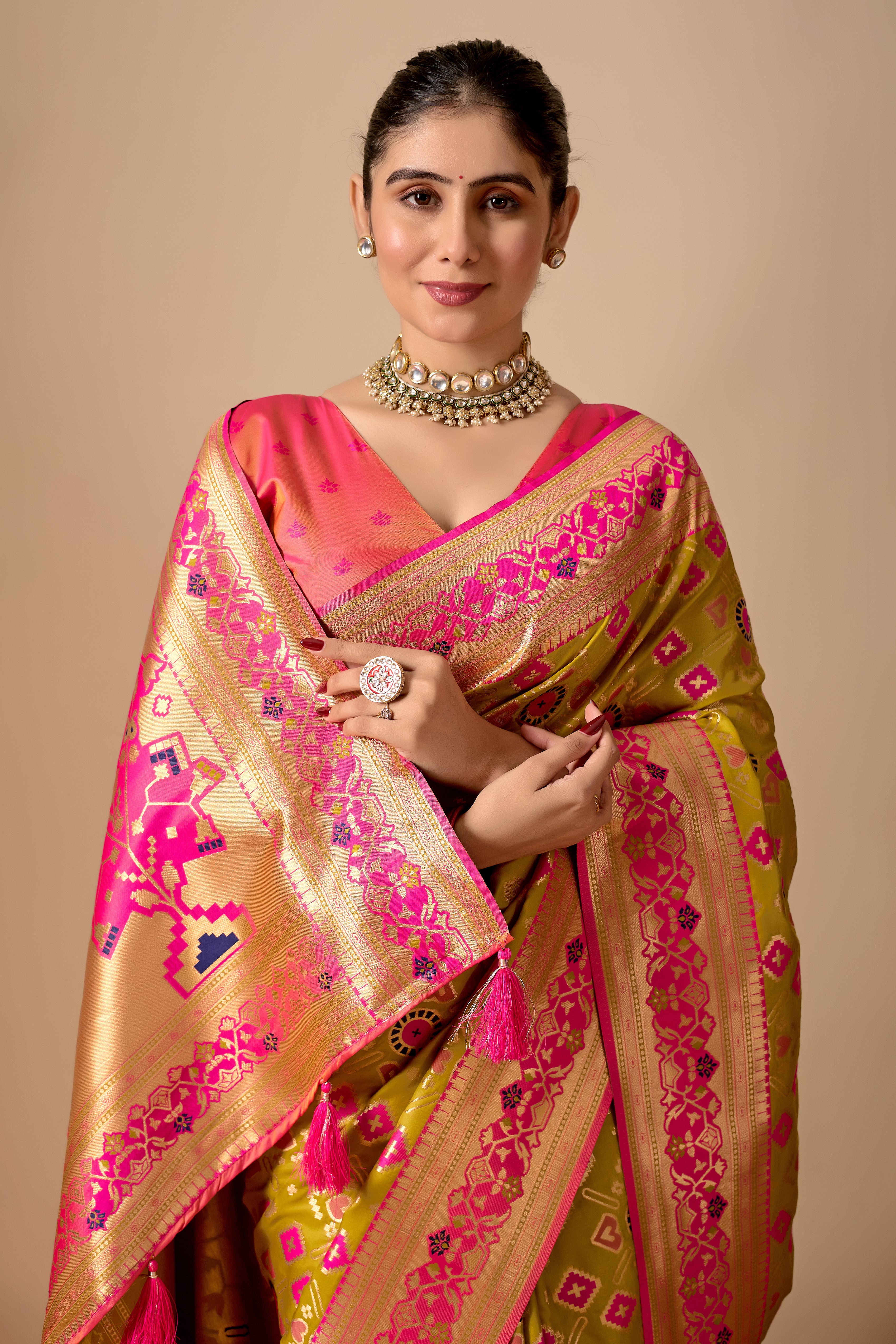 Patola Banarasi Silk Saree in Mehendi and Rani Contrast