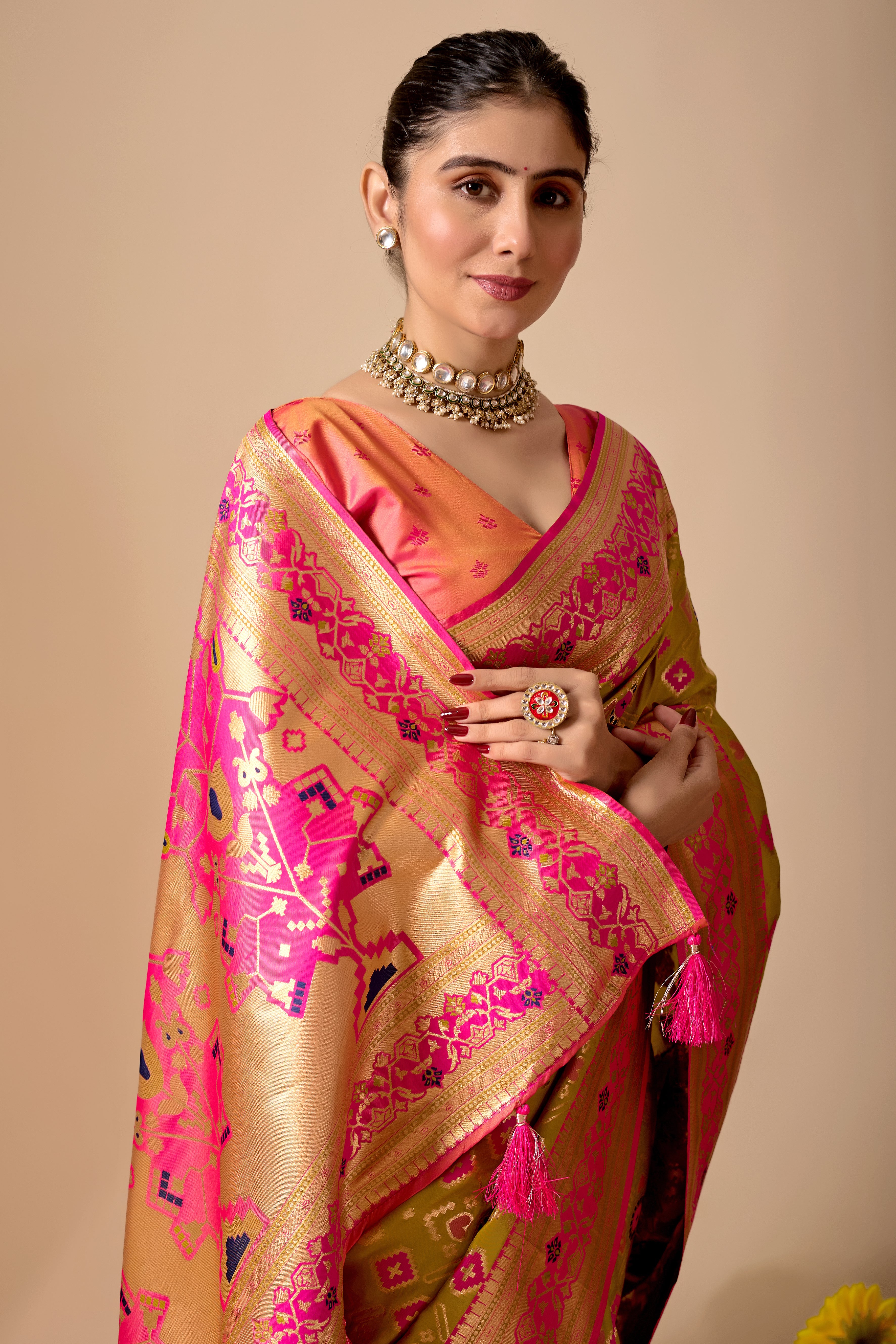 Patola Banarasi Silk Saree in Mehendi and Rani Contrast