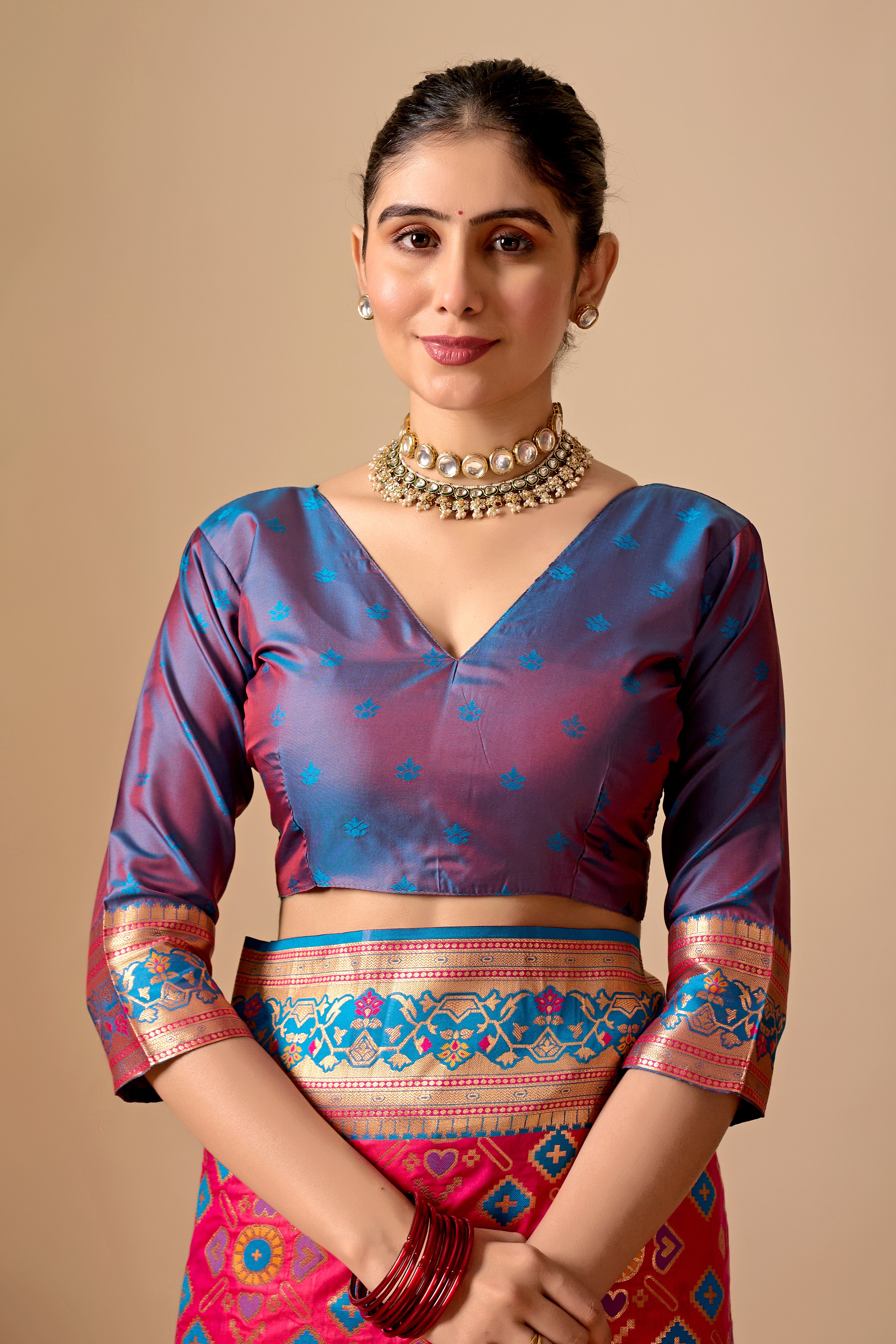 Patola Banarasi Silk Saree in Rani and Rama Contrast