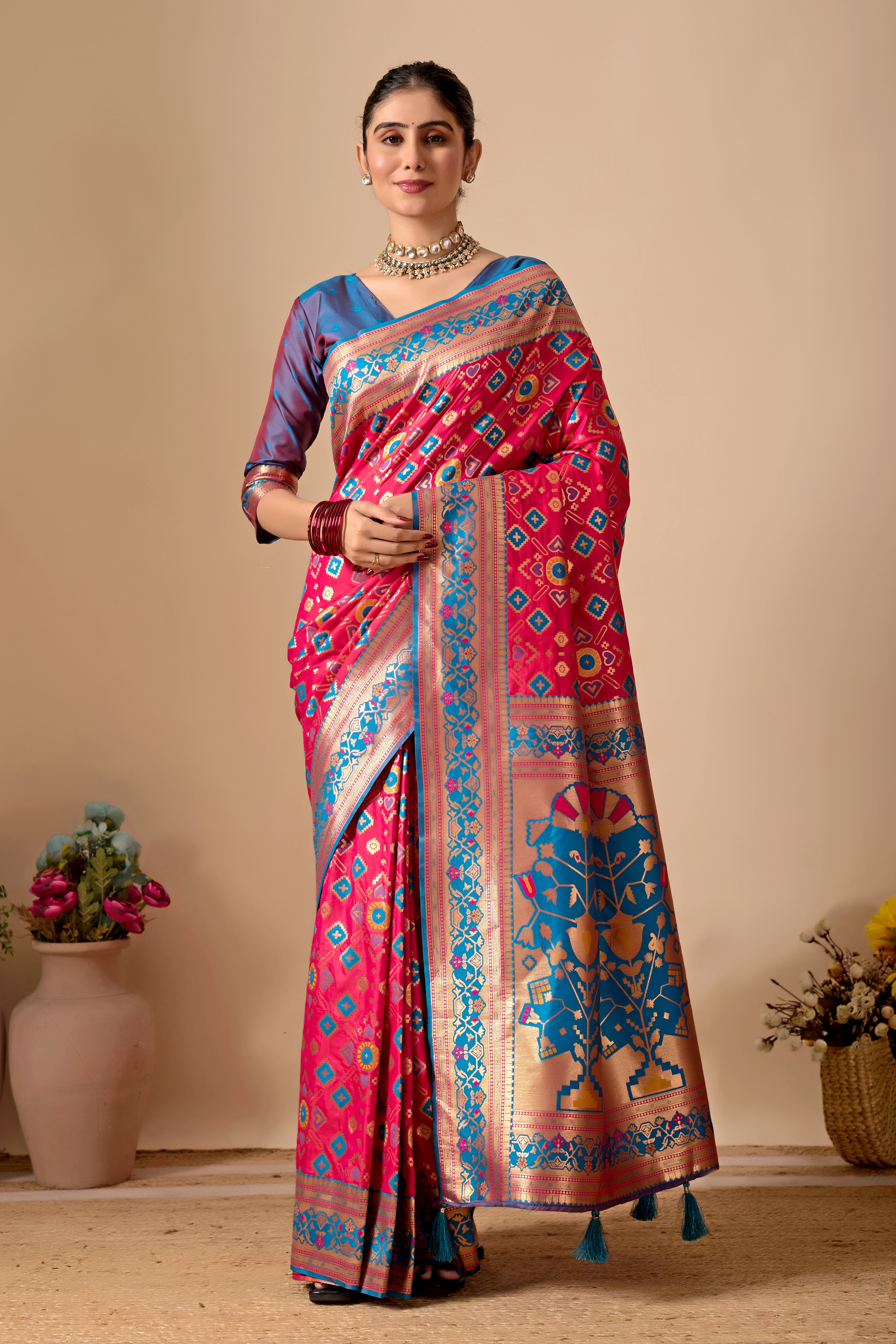 Patola Banarasi Silk Saree in Rani and Rama Contrast