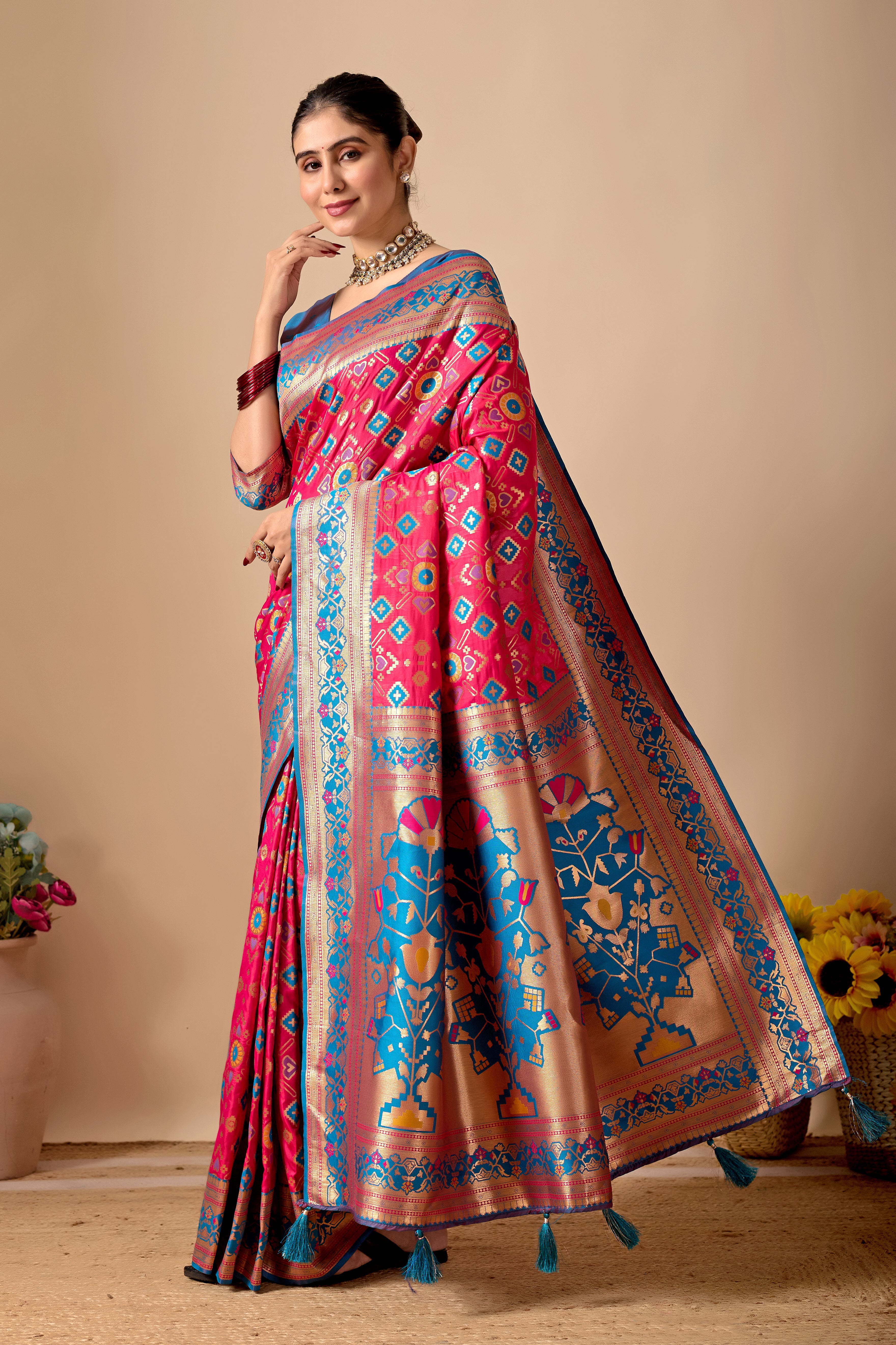 Patola Banarasi Silk Saree in Rani and Rama Contrast