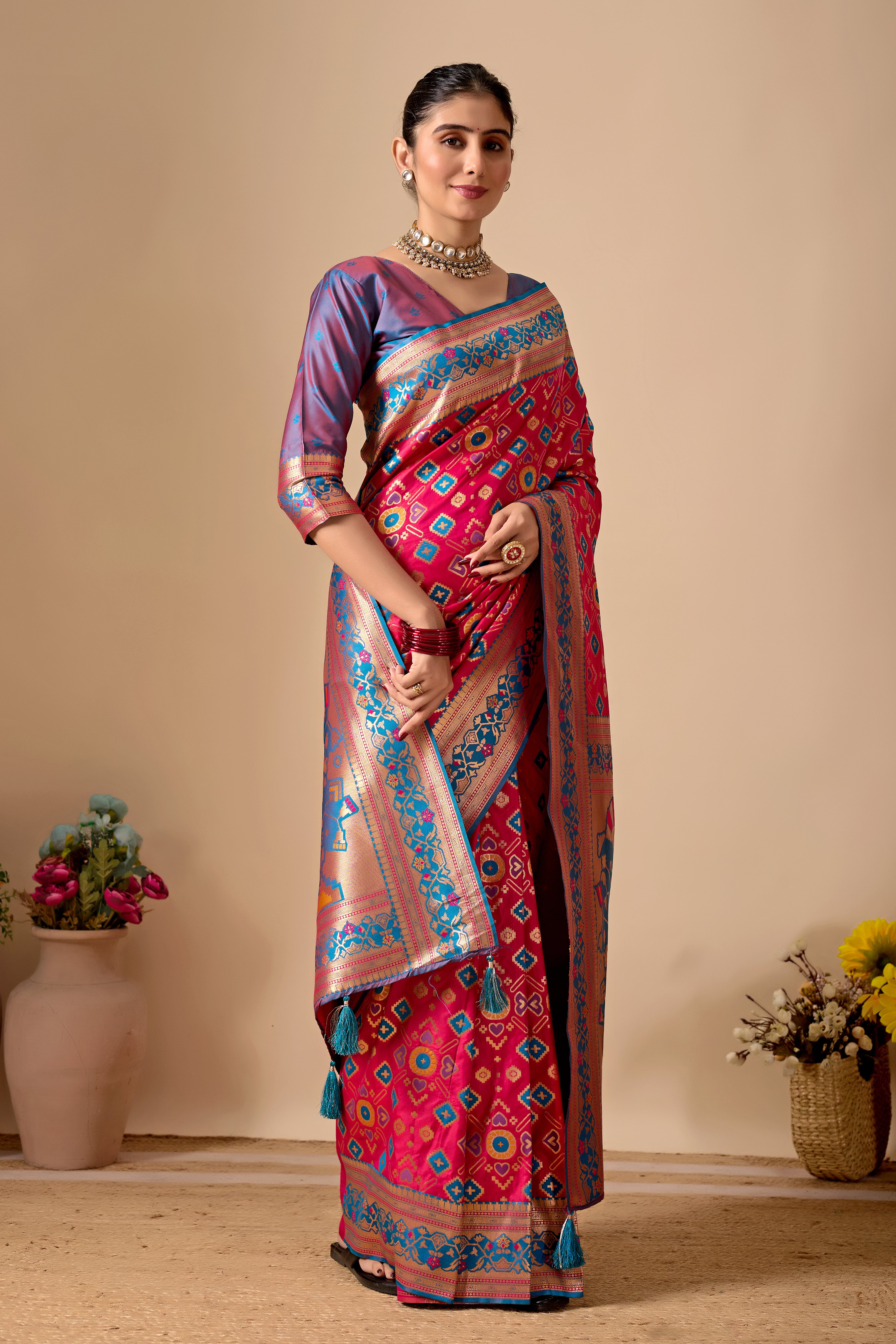 Patola Banarasi Silk Saree in Rani and Rama Contrast