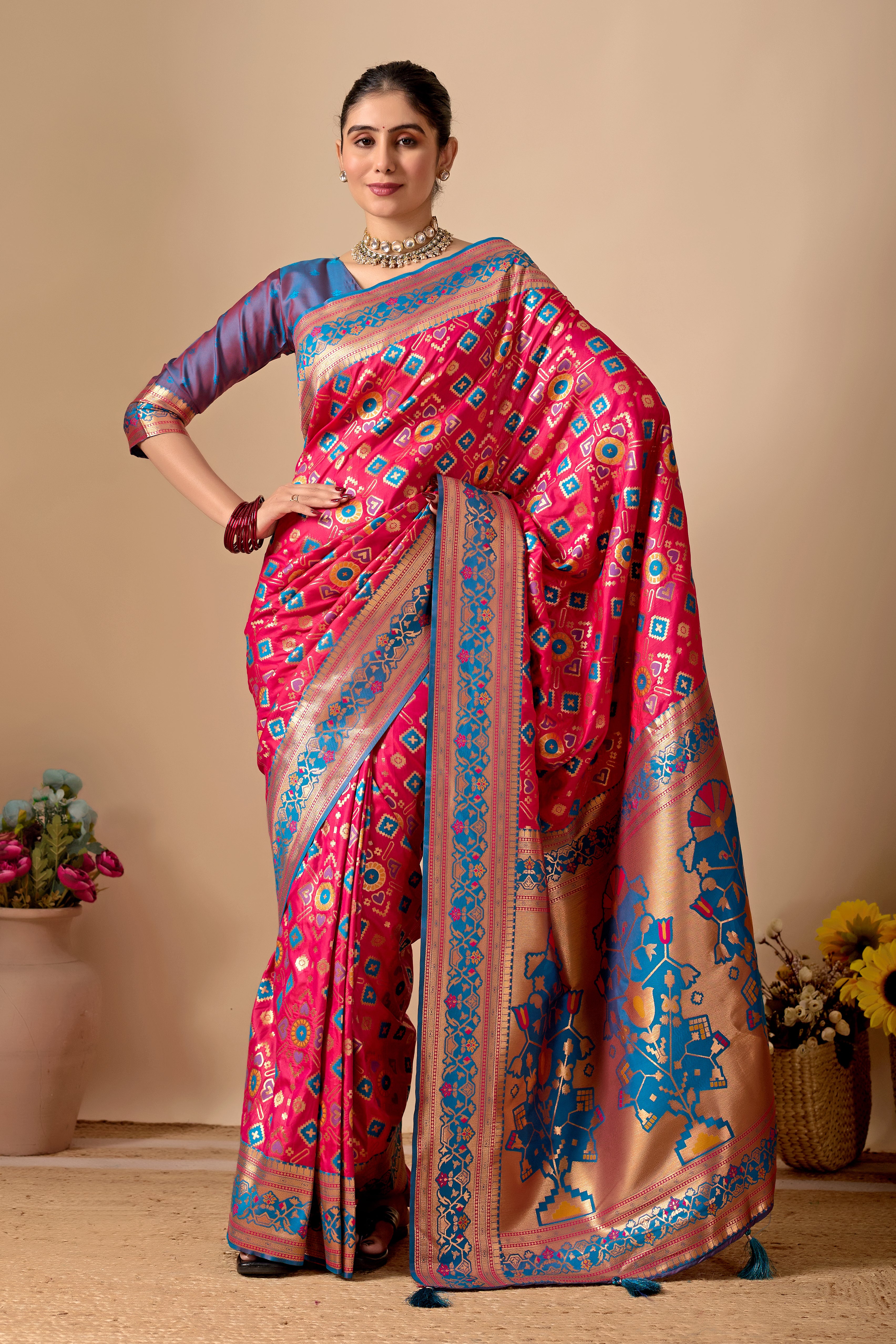 Patola Banarasi Silk Saree in Rani and Rama Contrast
