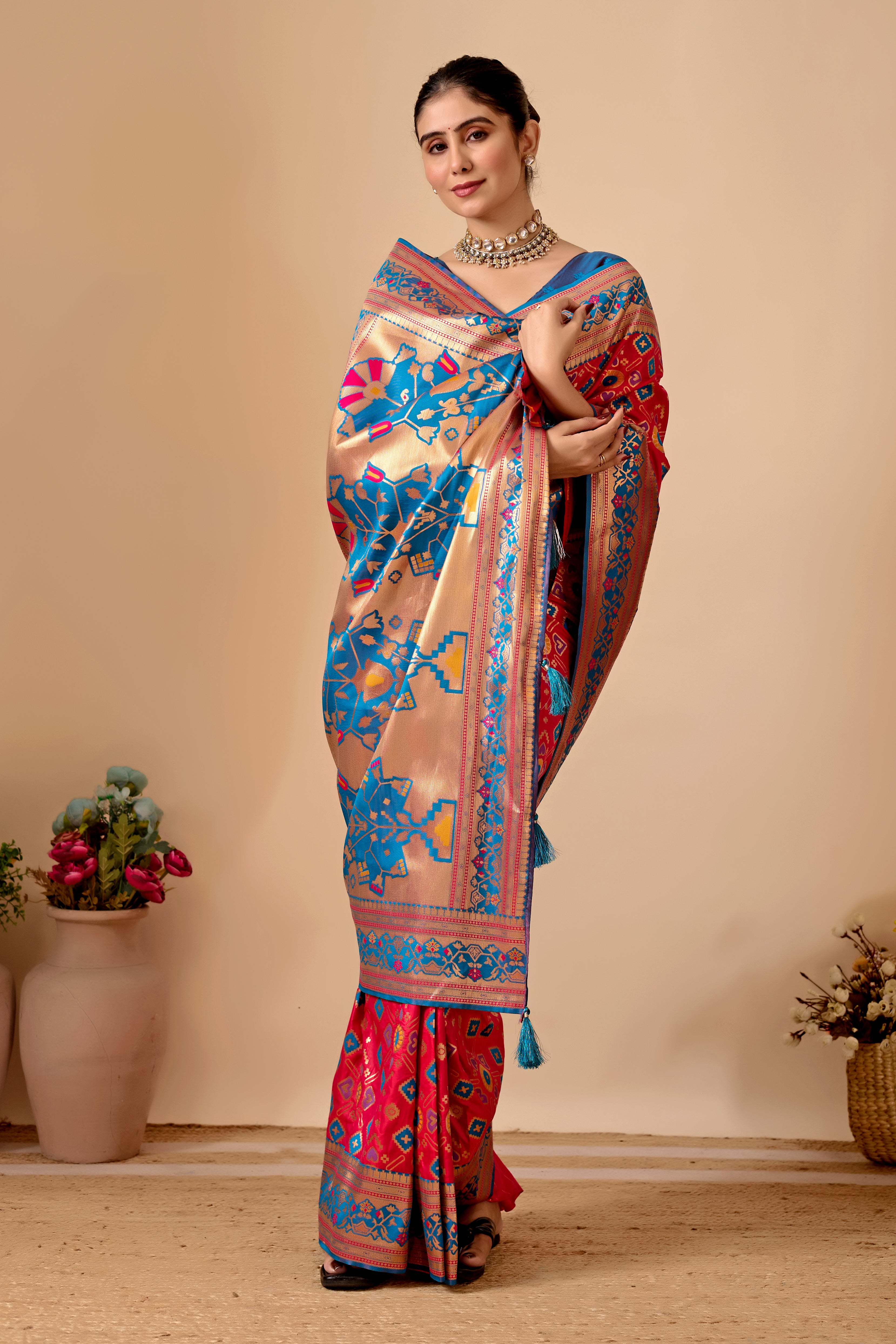Patola Banarasi Silk Saree in Rani and Rama Contrast