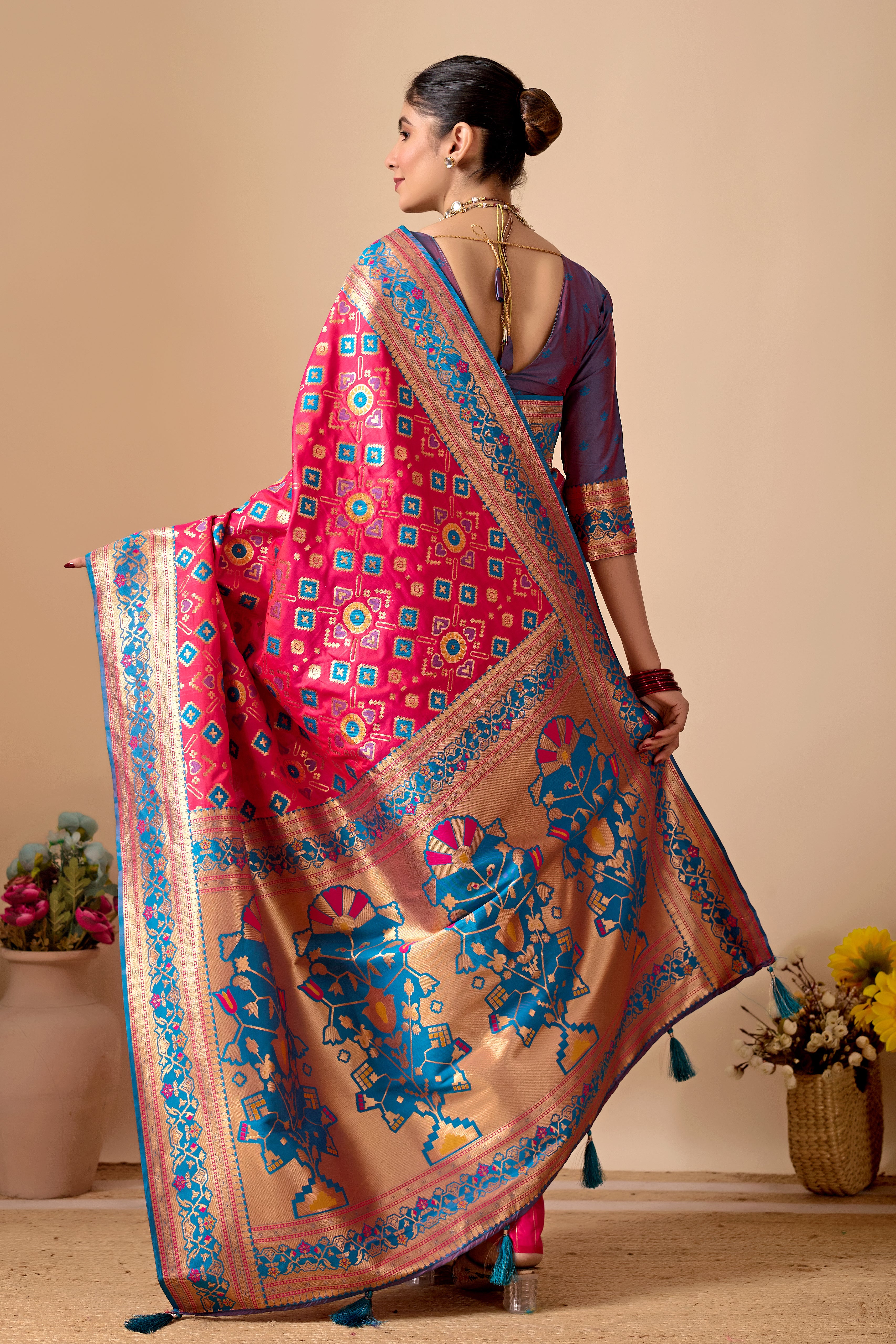 Patola Banarasi Silk Saree in Rani and Rama Contrast