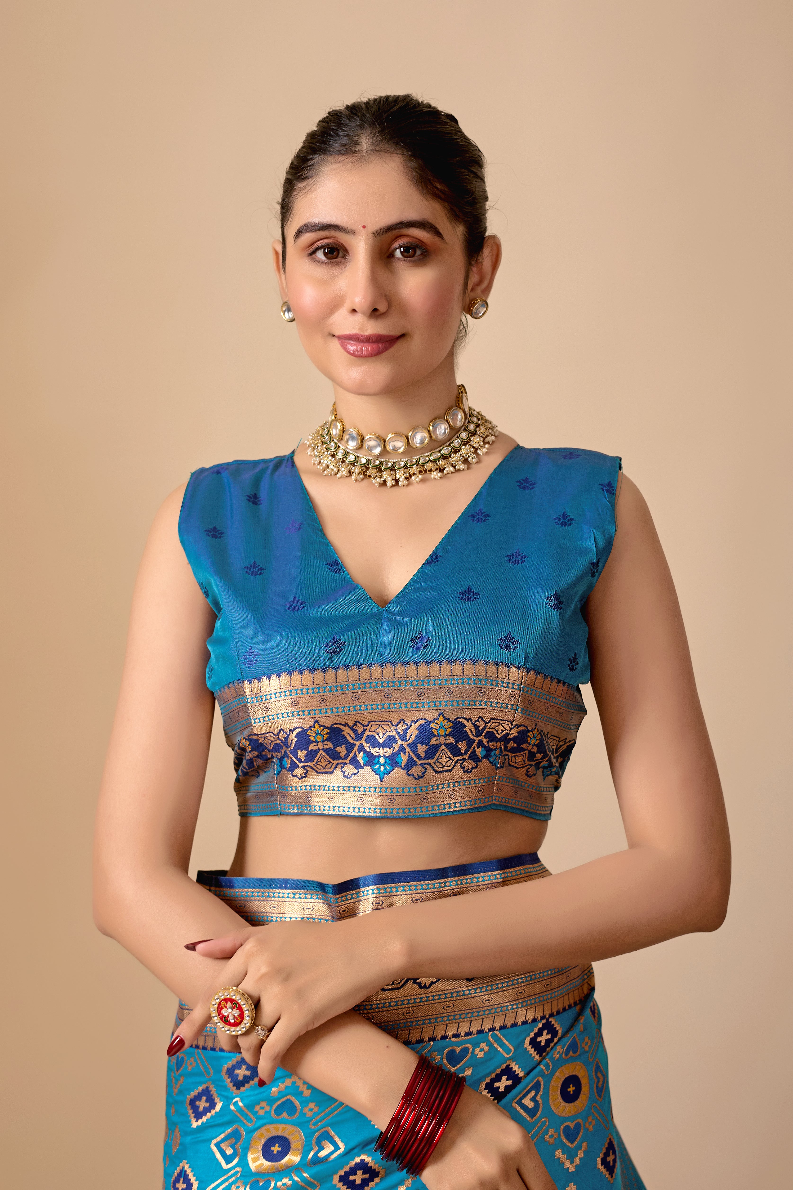 Patola Banarasi Silk Saree in Rama and Navy Blue Contrast