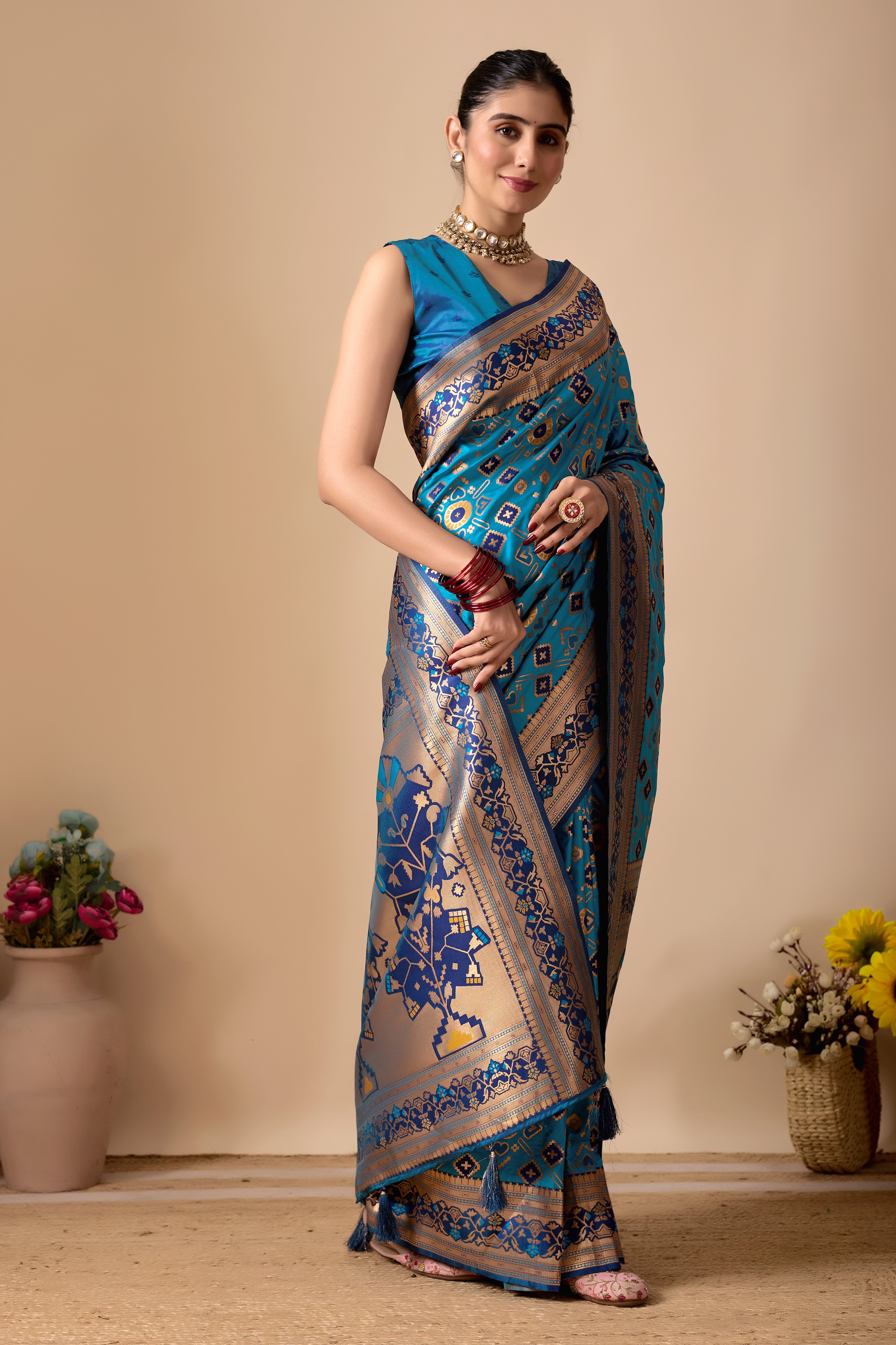 Patola Banarasi Silk Saree in Rama and Navy Blue Contrast