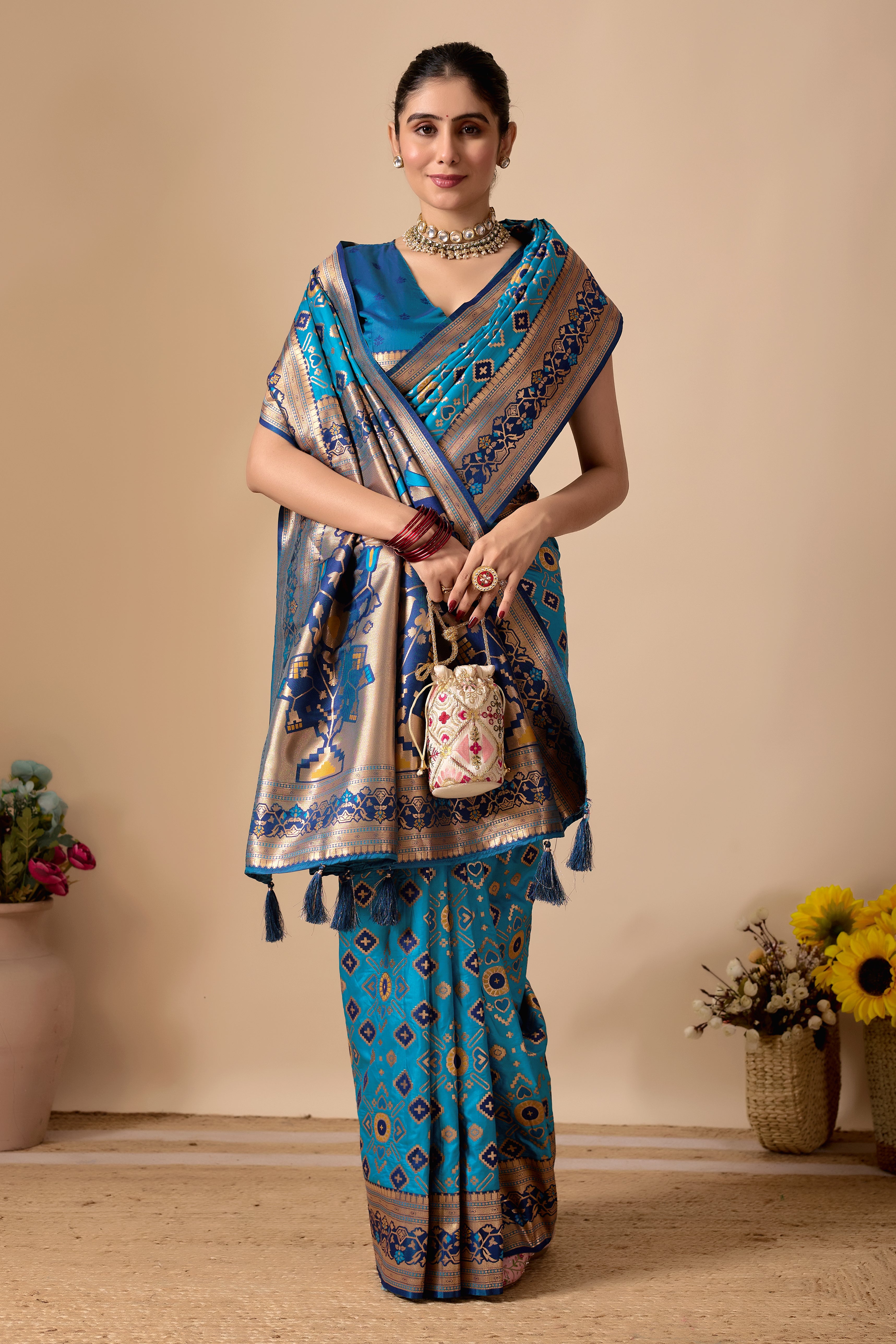 Patola Banarasi Silk Saree in Rama and Navy Blue Contrast