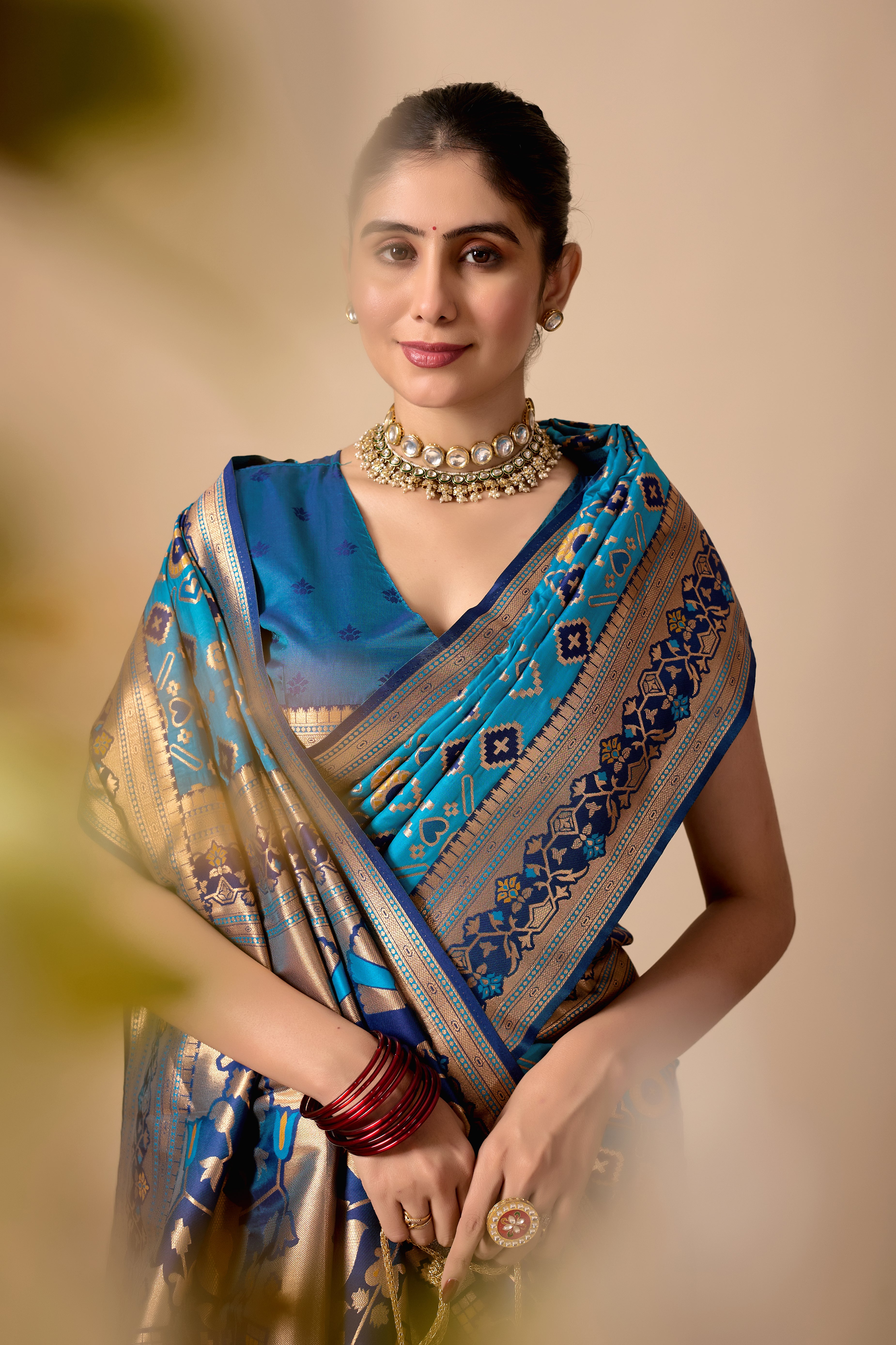 Patola Banarasi Silk Saree in Rama and Navy Blue Contrast