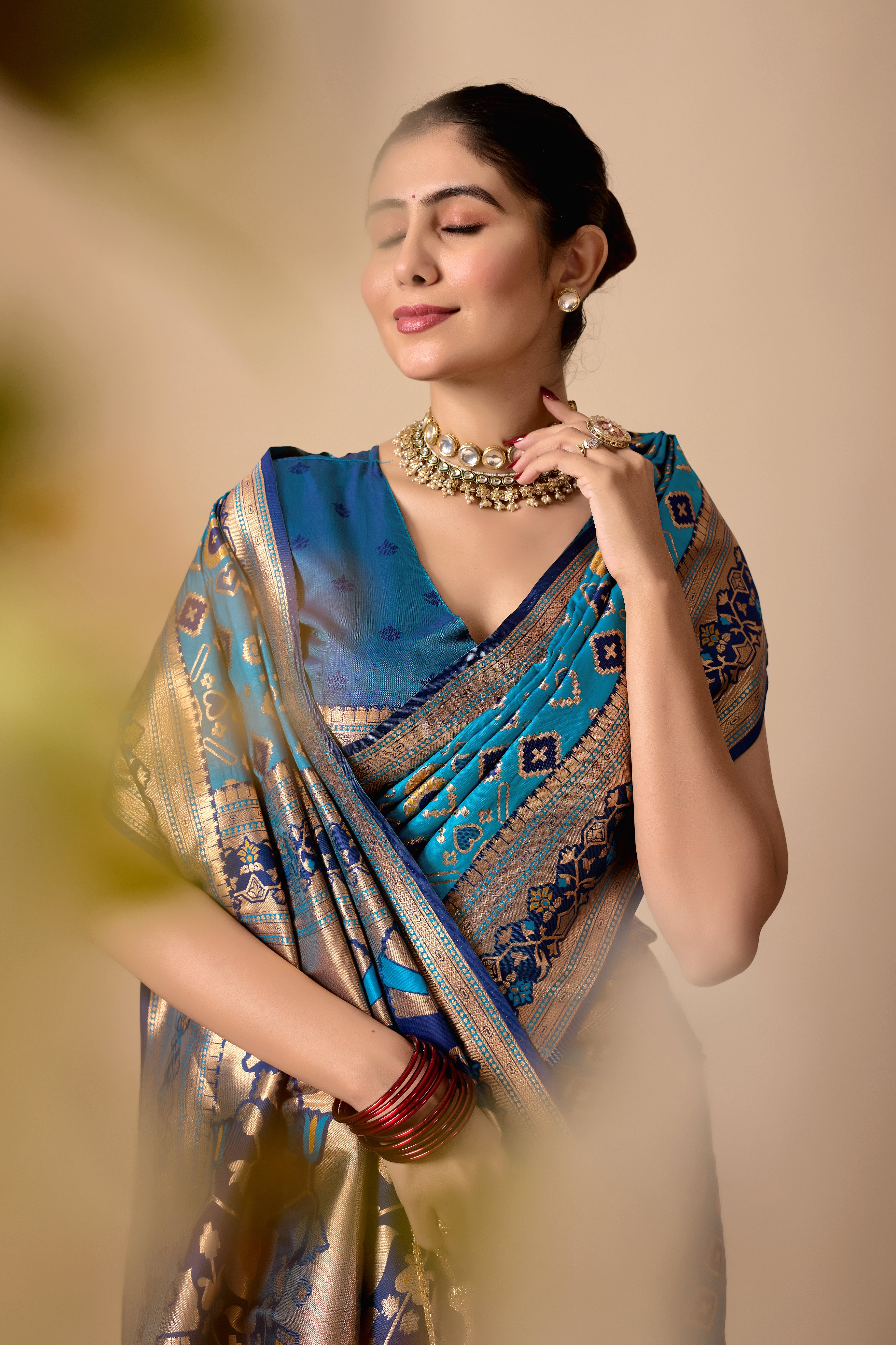 Patola Banarasi Silk Saree in Rama and Navy Blue Contrast