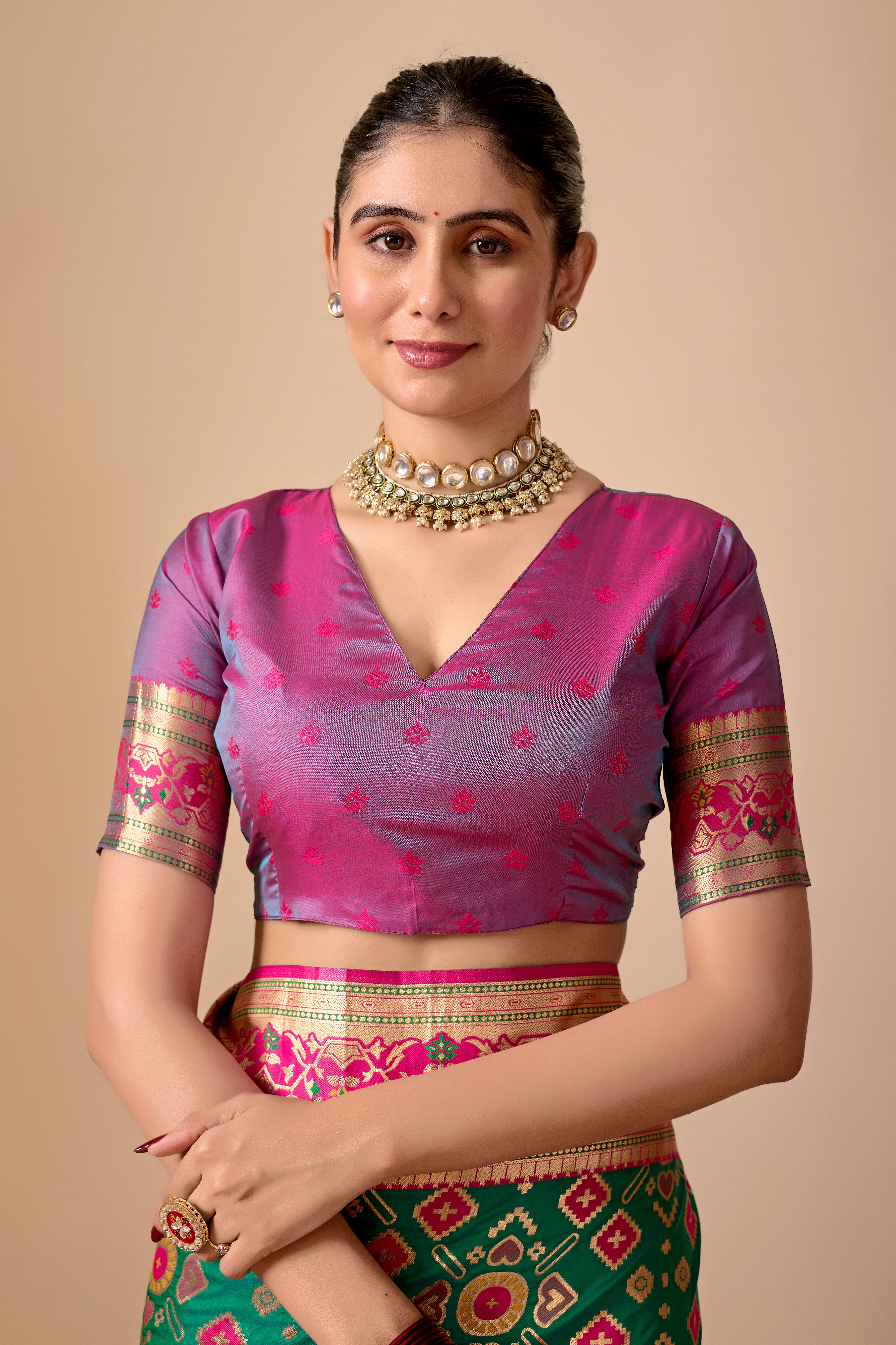 Patola Banarasi Silk Saree in Green and Rani Contrast