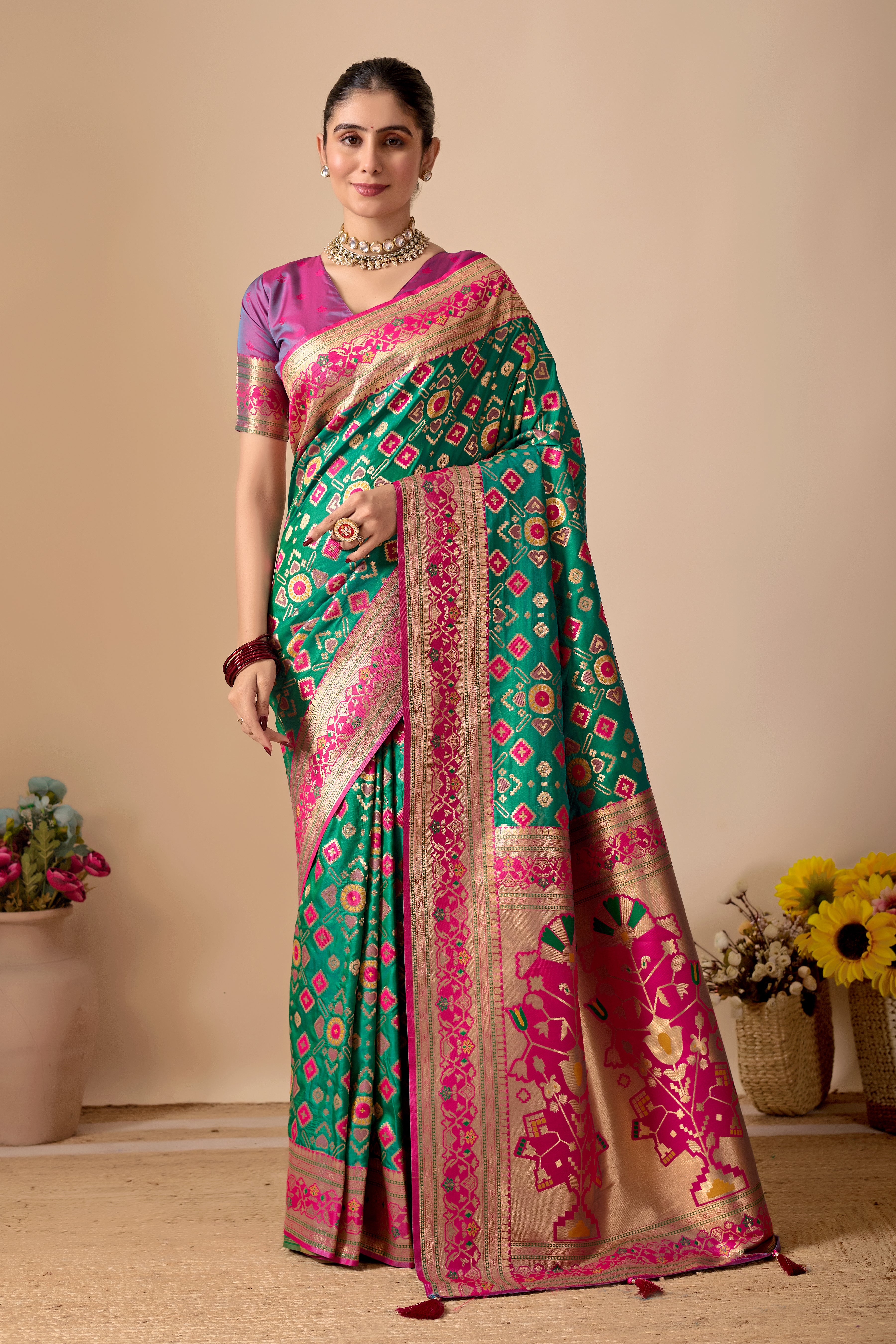 Patola Banarasi Silk Saree in Green and Rani Contrast