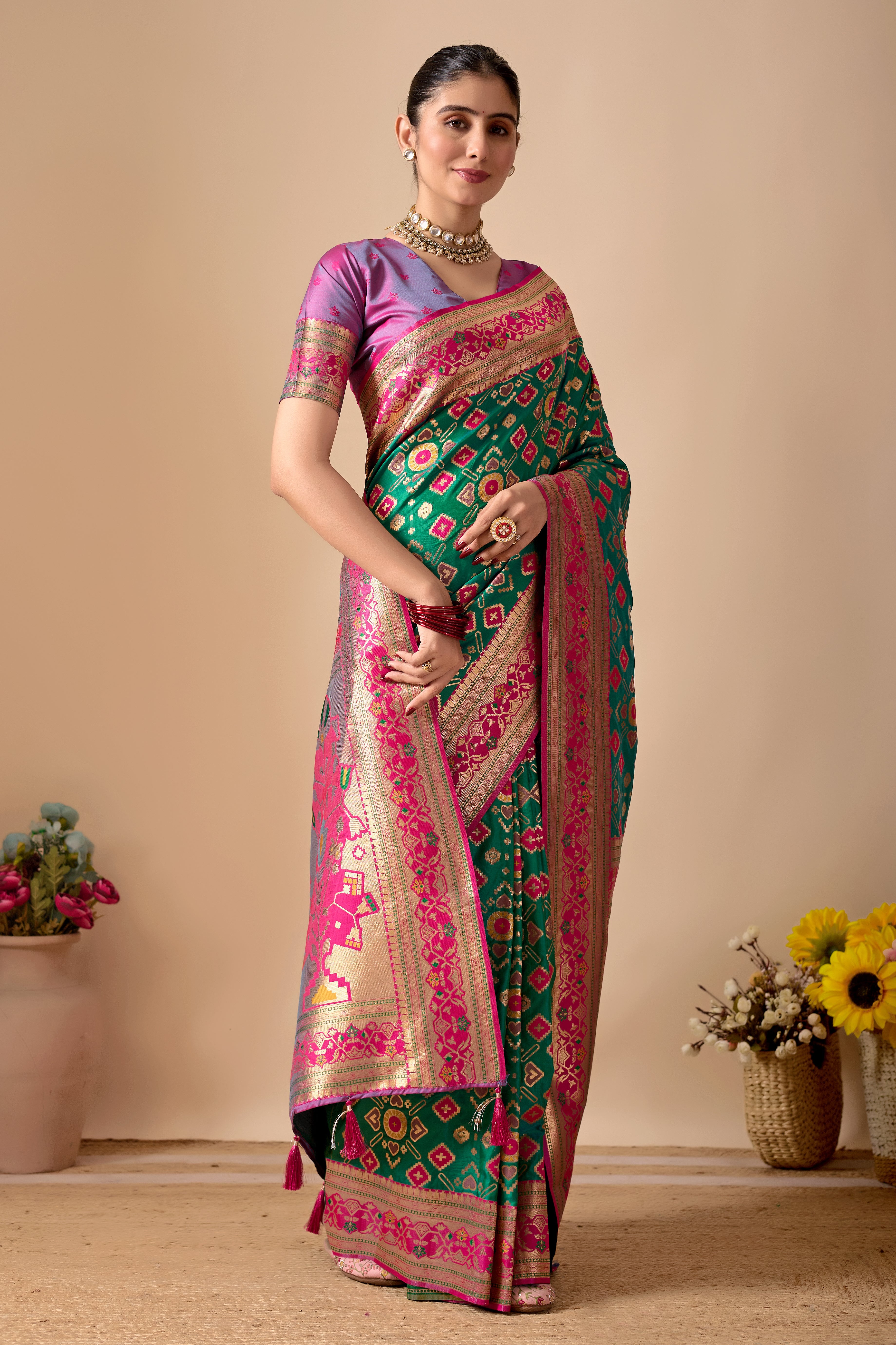 Patola Banarasi Silk Saree in Green and Rani Contrast