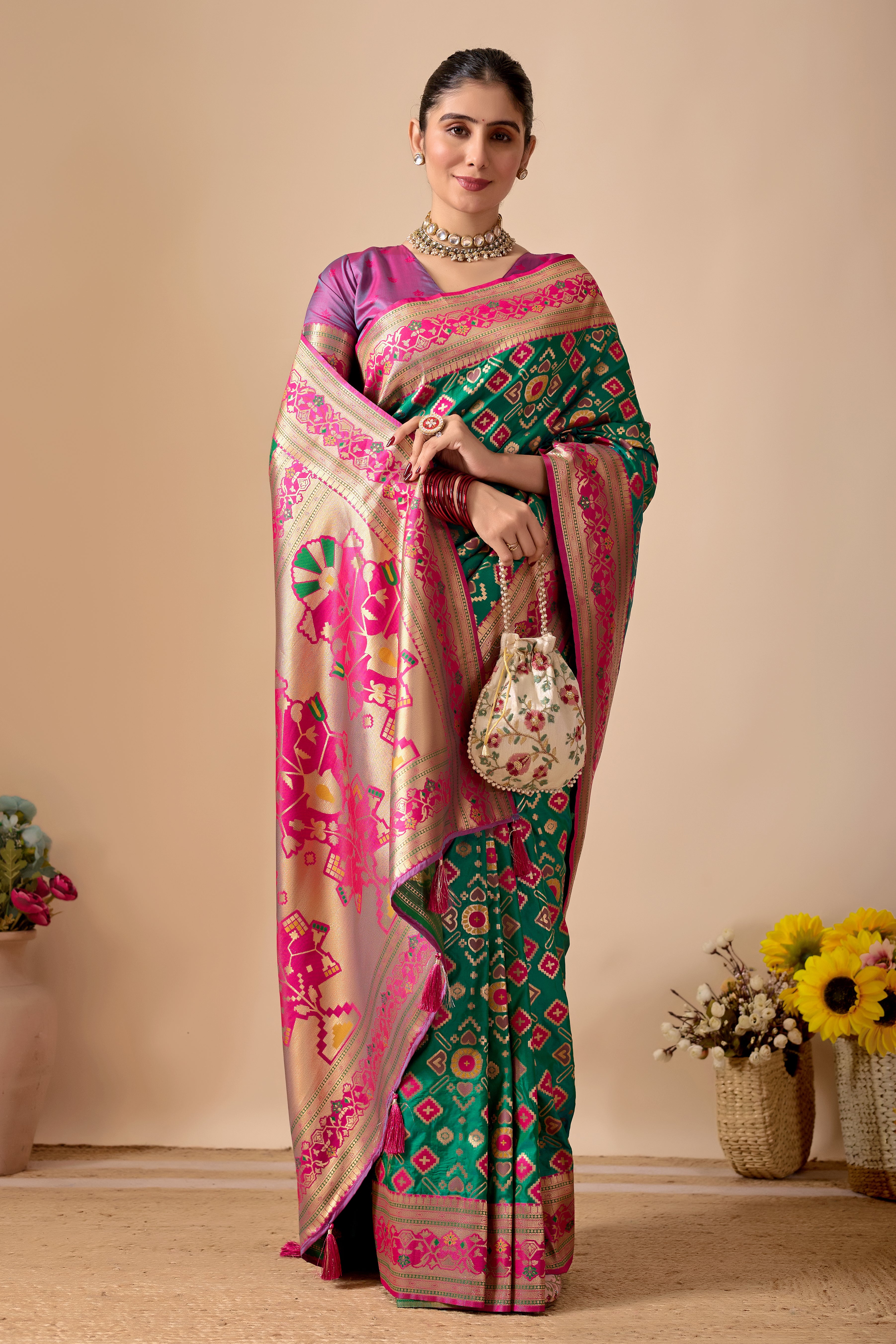 Patola Banarasi Silk Saree in Green and Rani Contrast