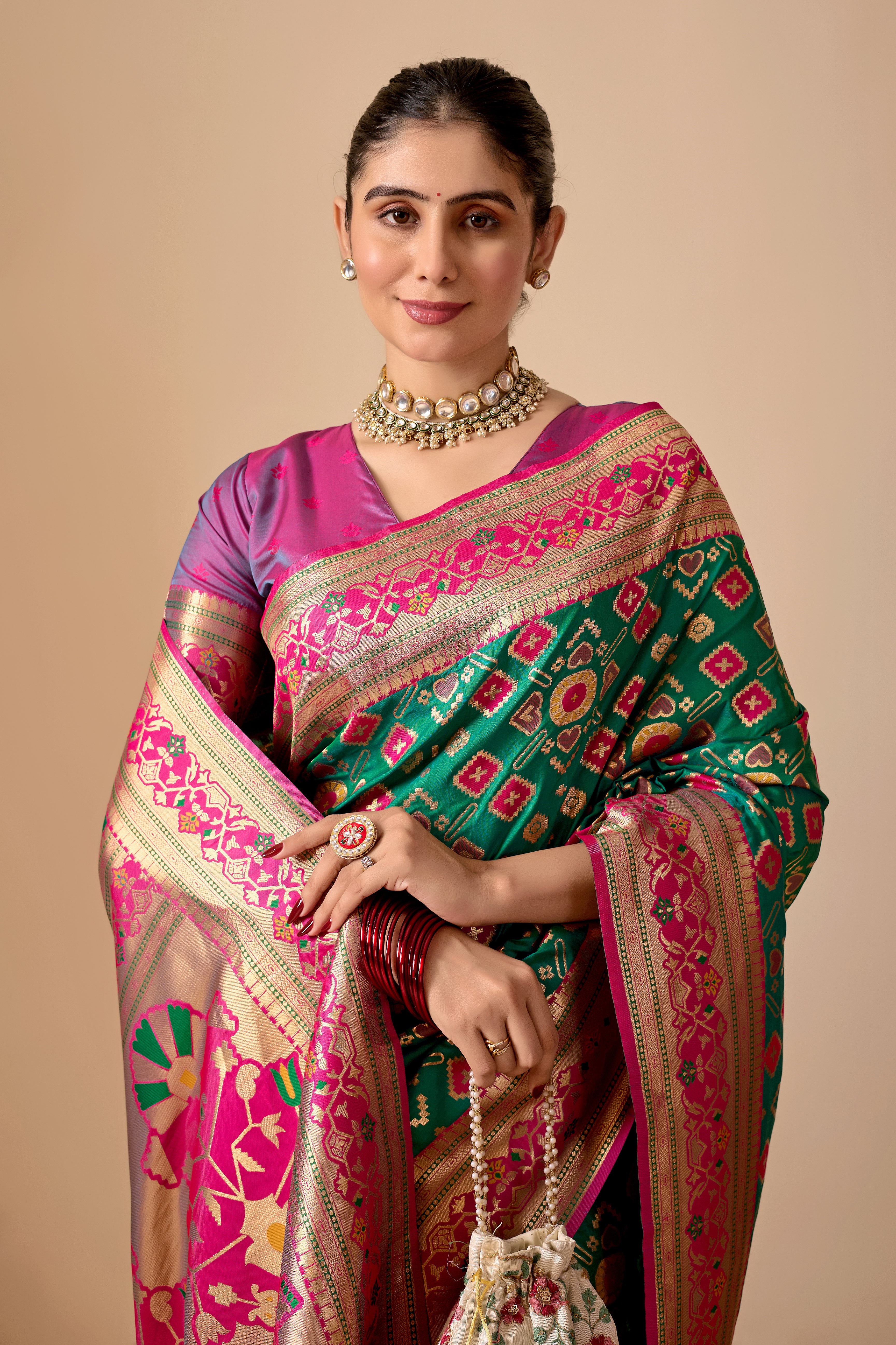 Patola Banarasi Silk Saree in Green and Rani Contrast