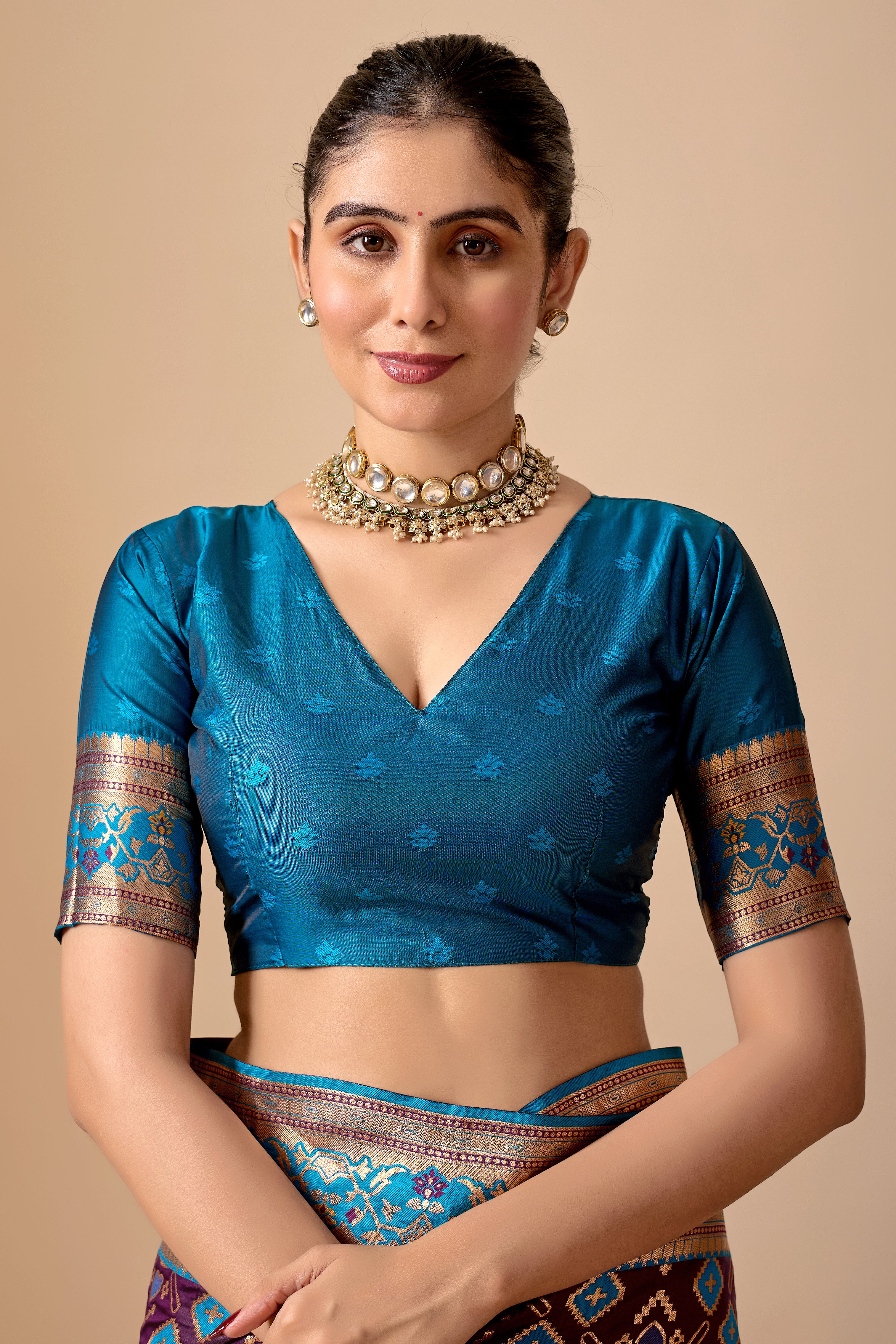 Patola Banarasi Silk Saree in Wine and Firoji Contrast