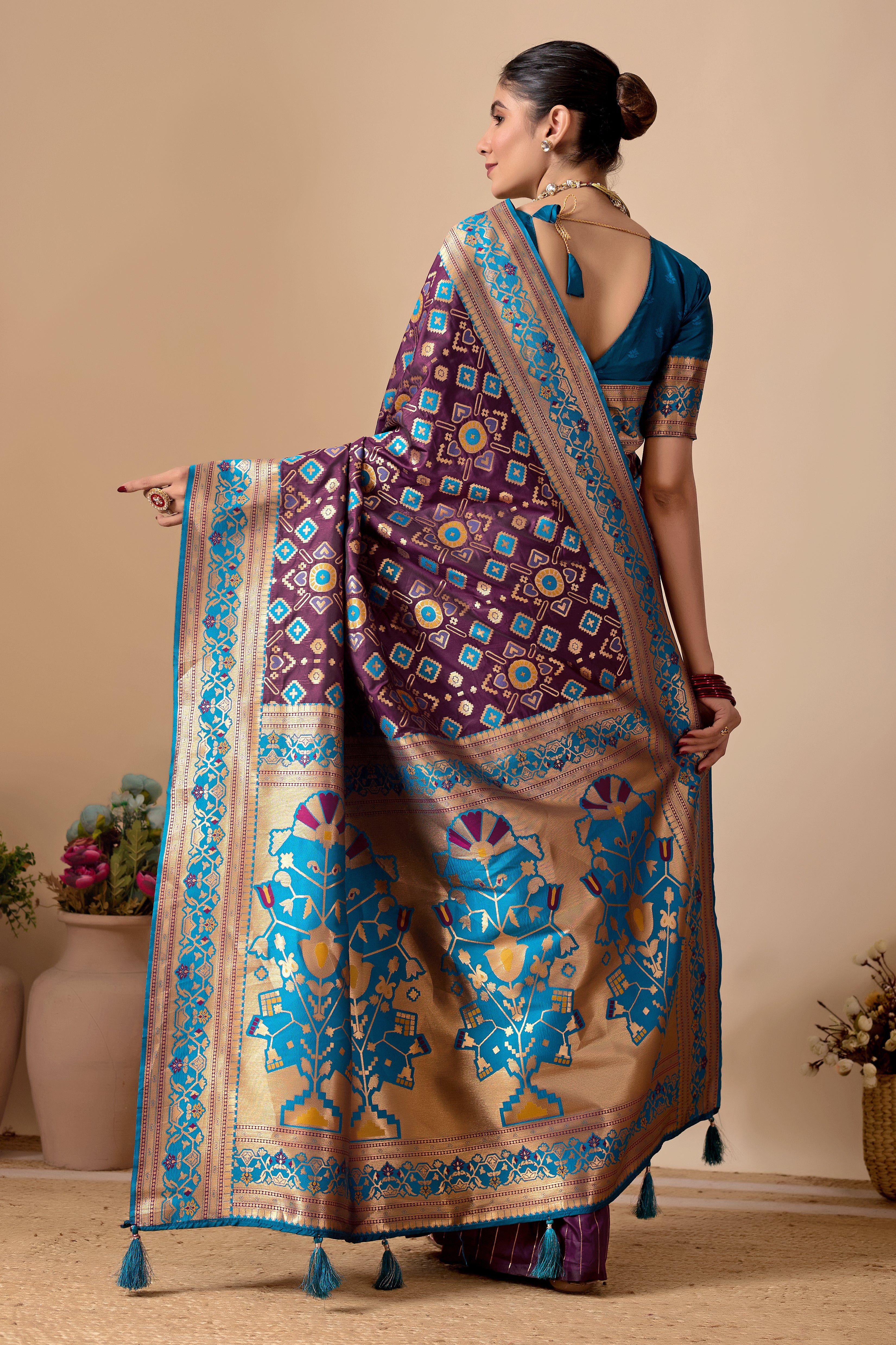 Patola Banarasi Silk Saree in Wine and Firoji Contrast