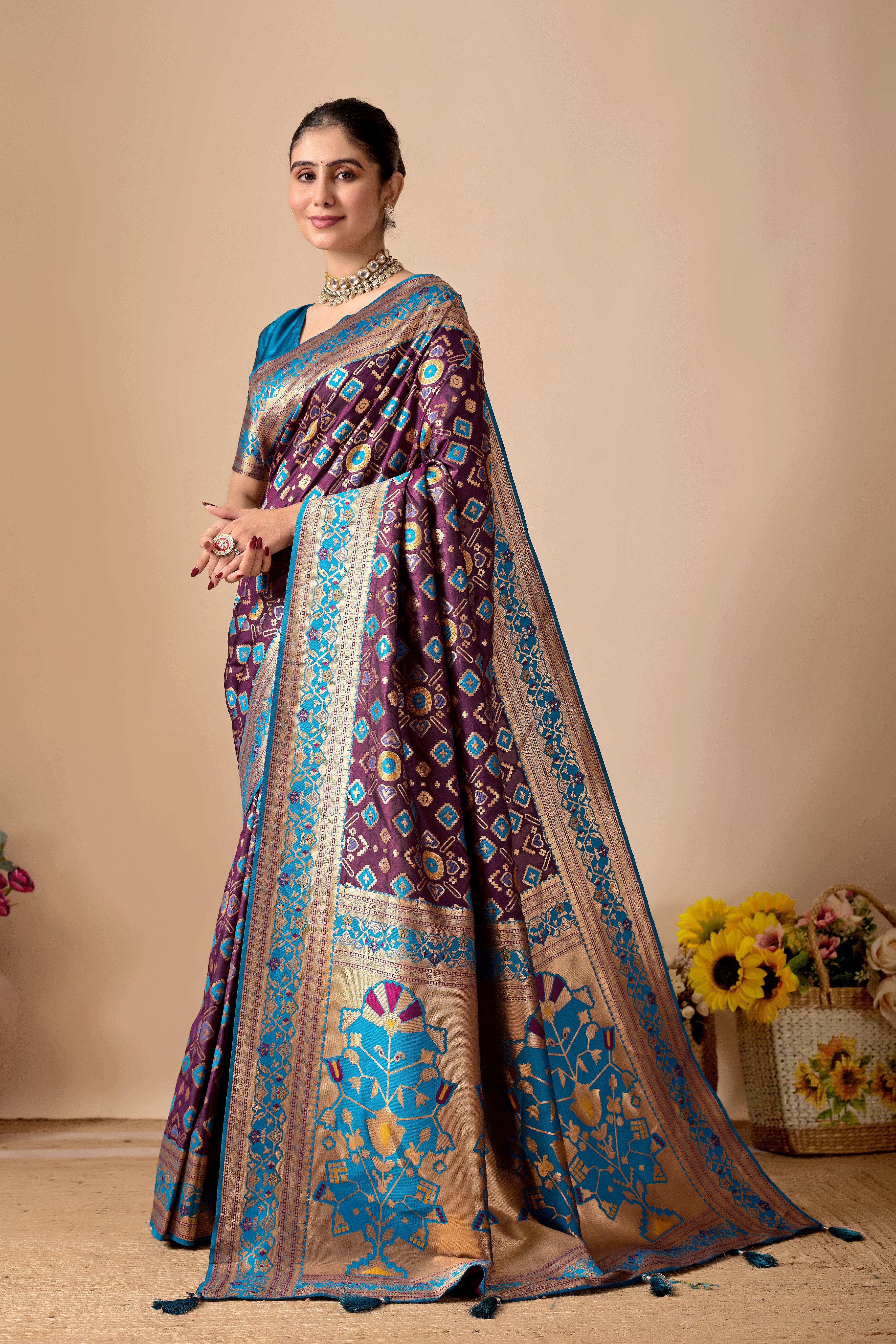 Patola Banarasi Silk Saree in Wine and Firoji Contrast