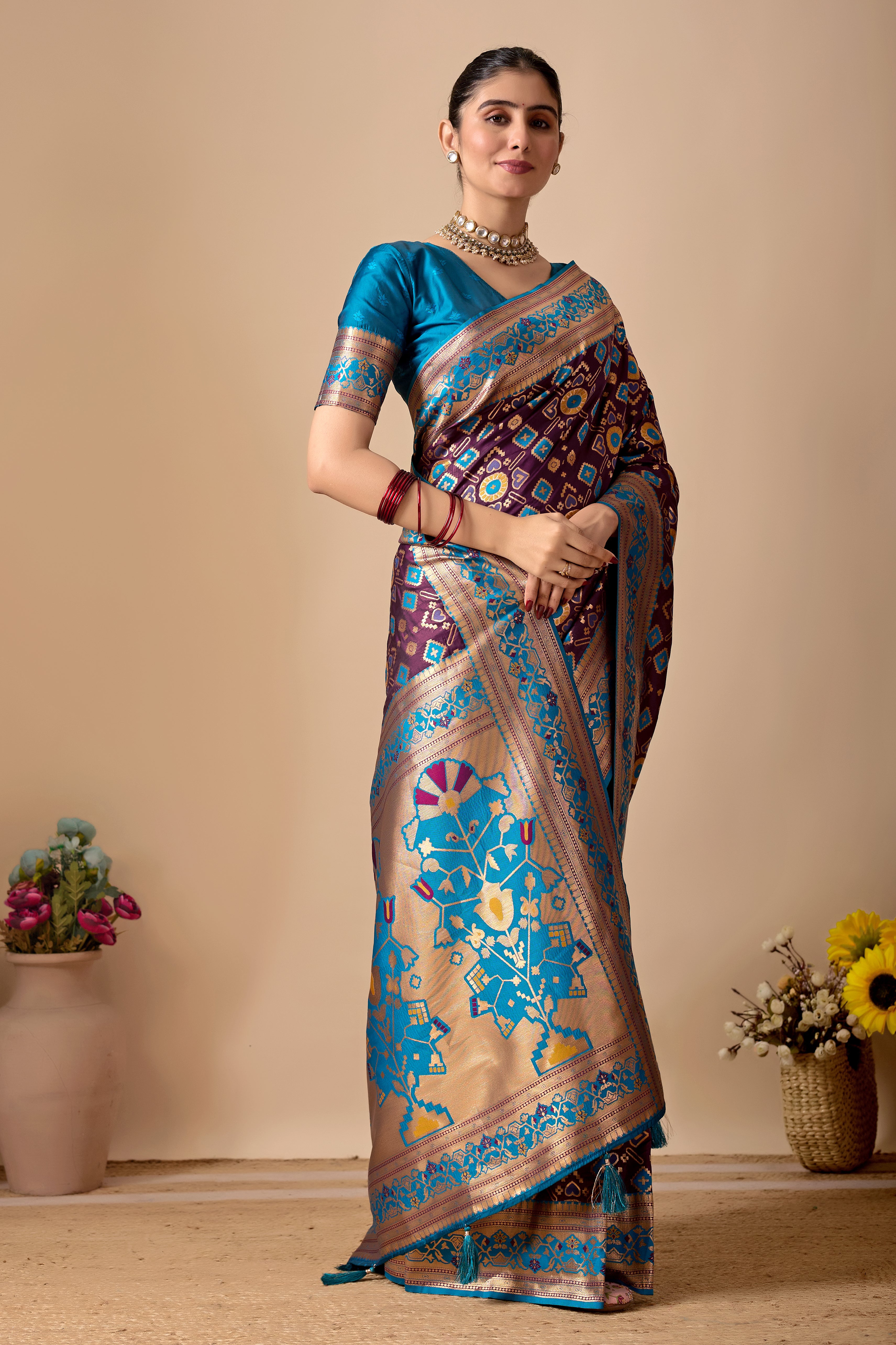 Patola Banarasi Silk Saree in Wine and Firoji Contrast