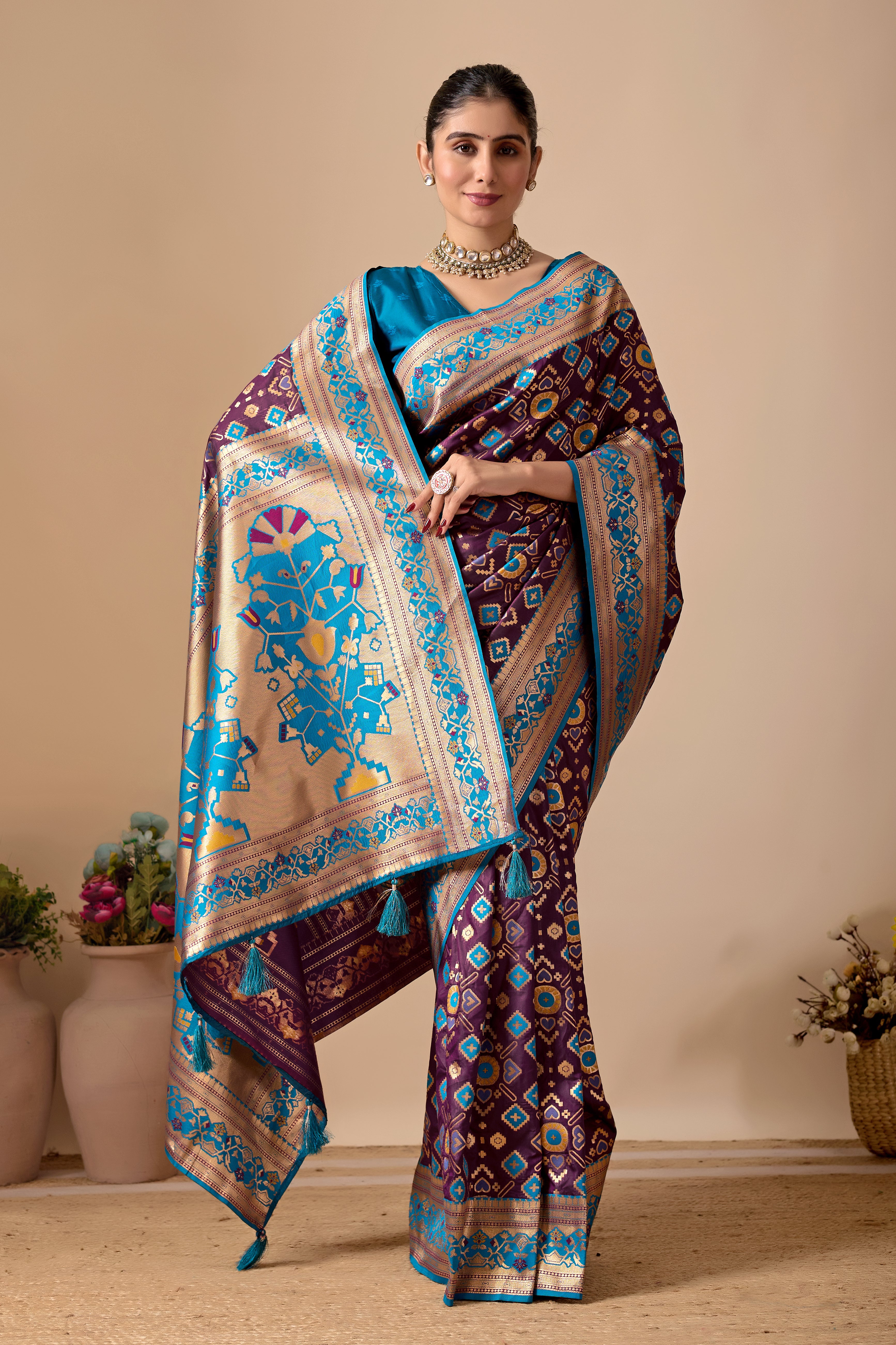 Patola Banarasi Silk Saree in Wine and Firoji Contrast