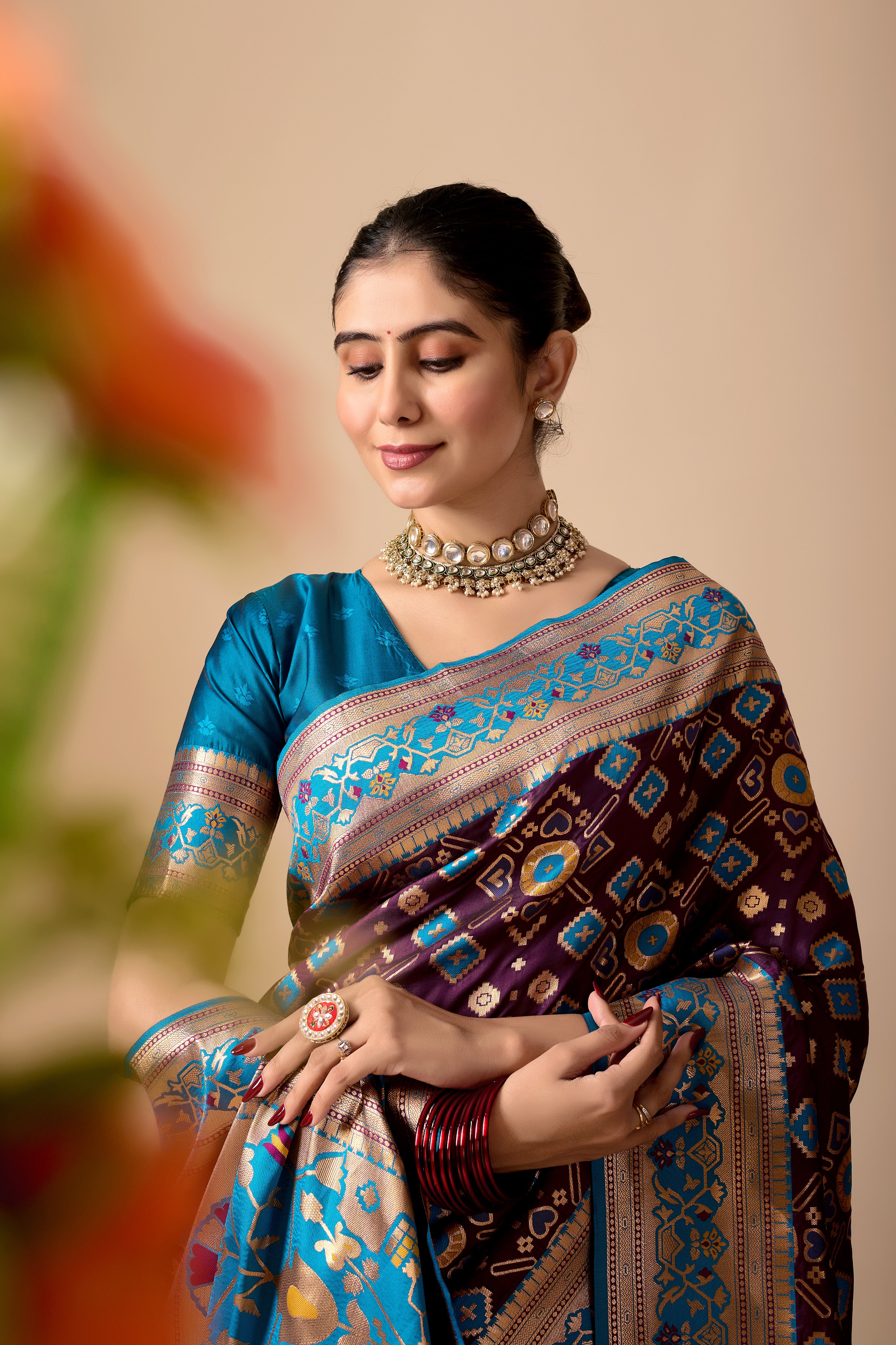 Patola Banarasi Silk Saree in Wine and Firoji Contrast