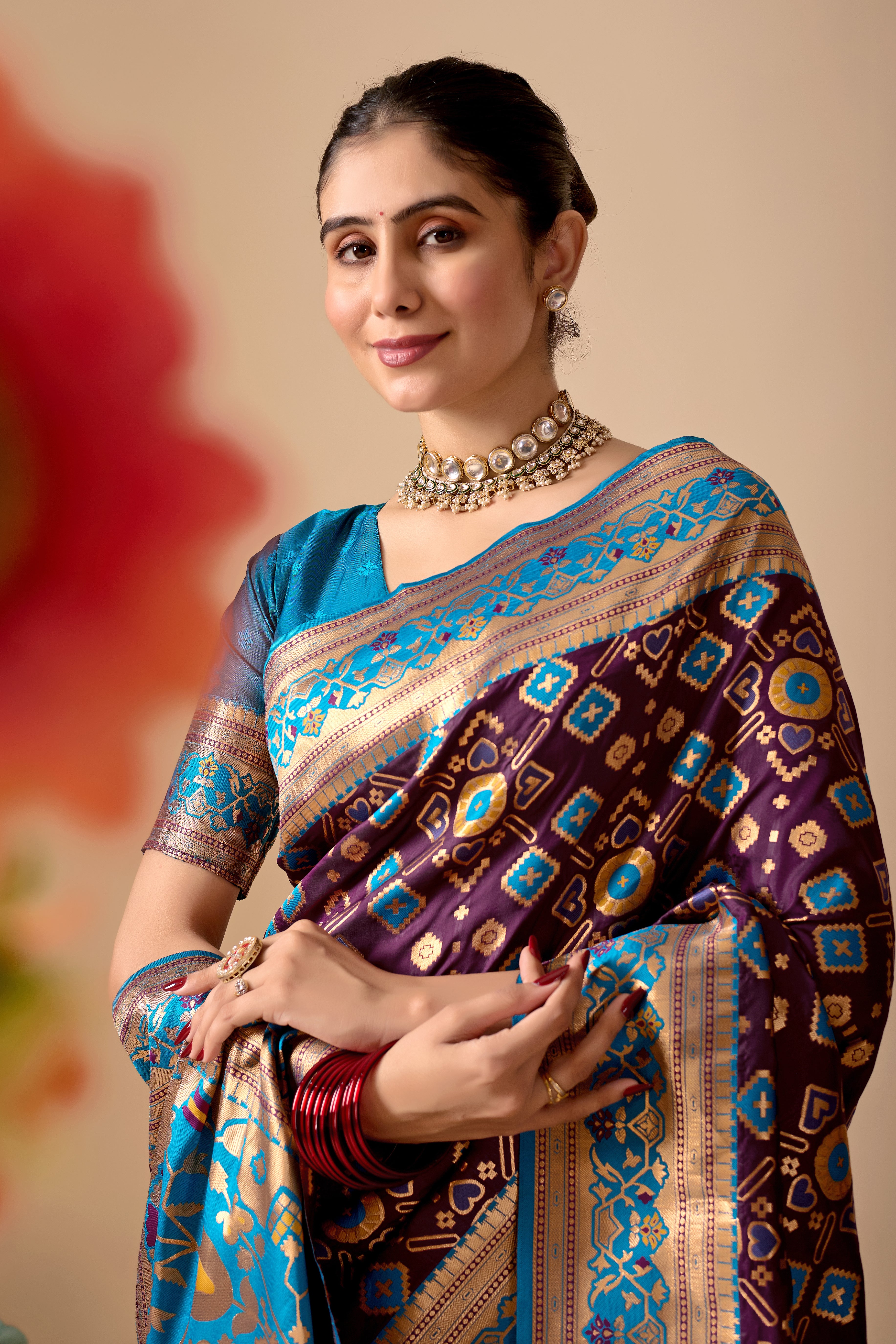 Patola Banarasi Silk Saree in Wine and Firoji Contrast