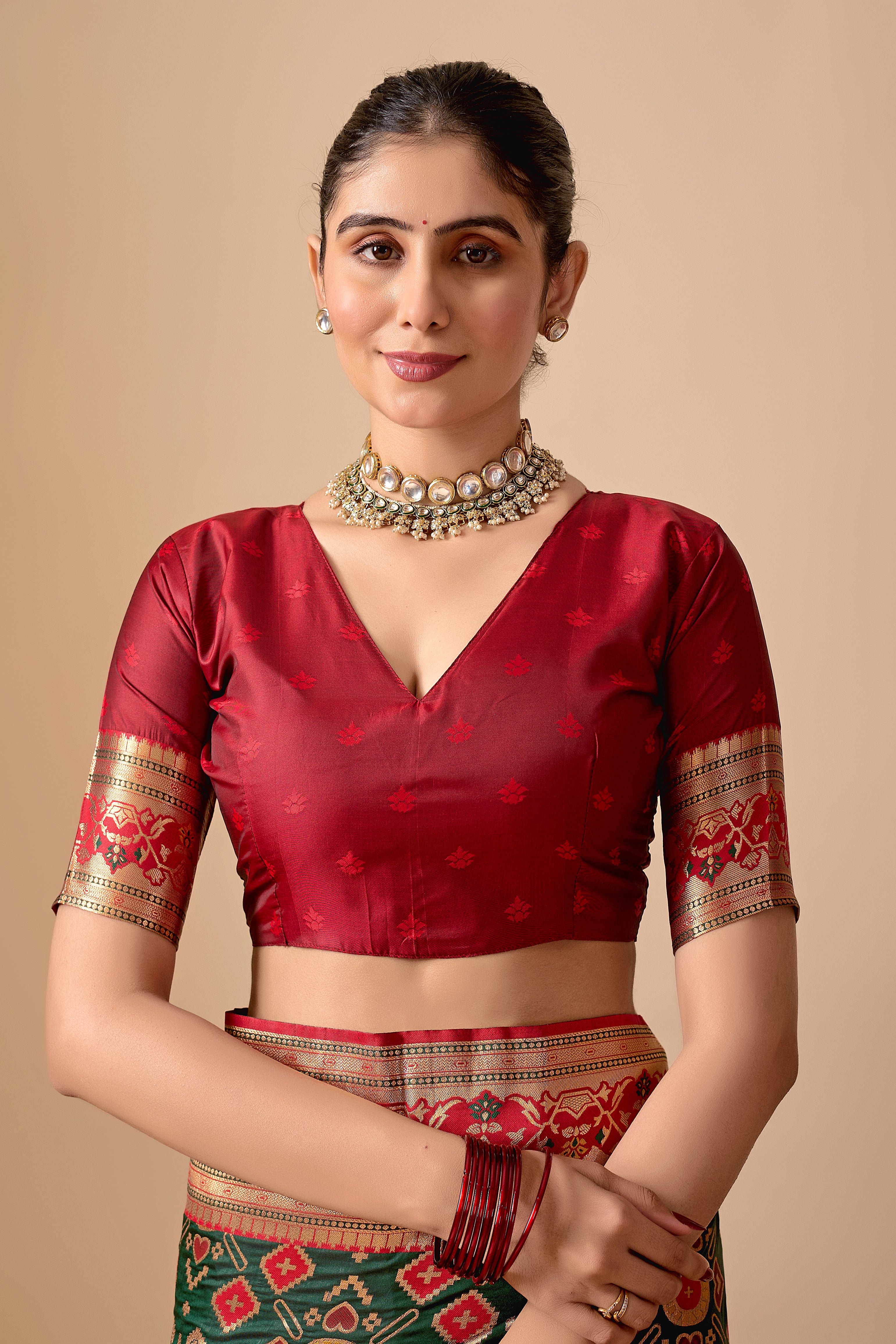 Patola Banarasi Silk Saree in Bottle Green and Red Contrast