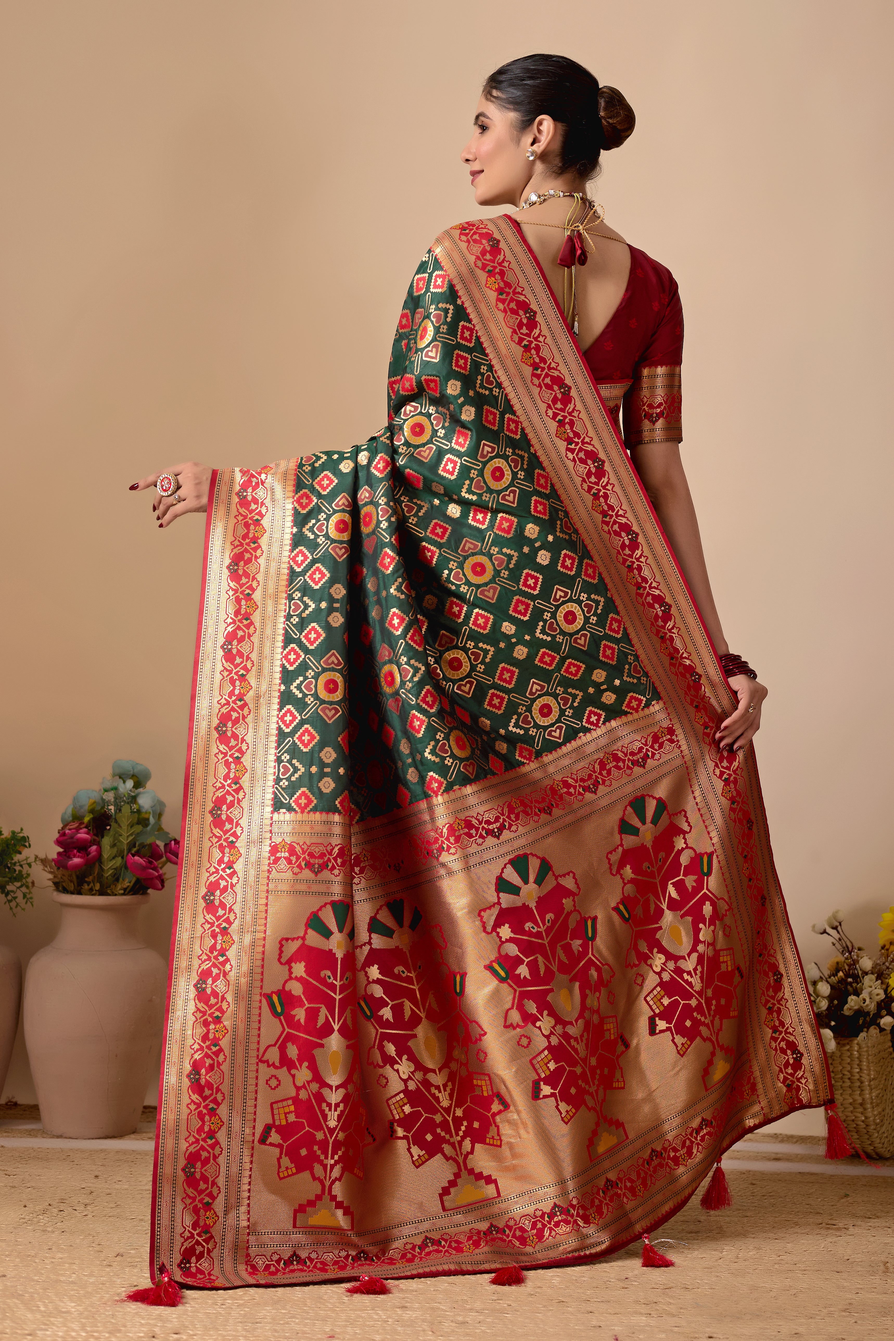 Patola Banarasi Silk Saree in Bottle Green and Red Contrast