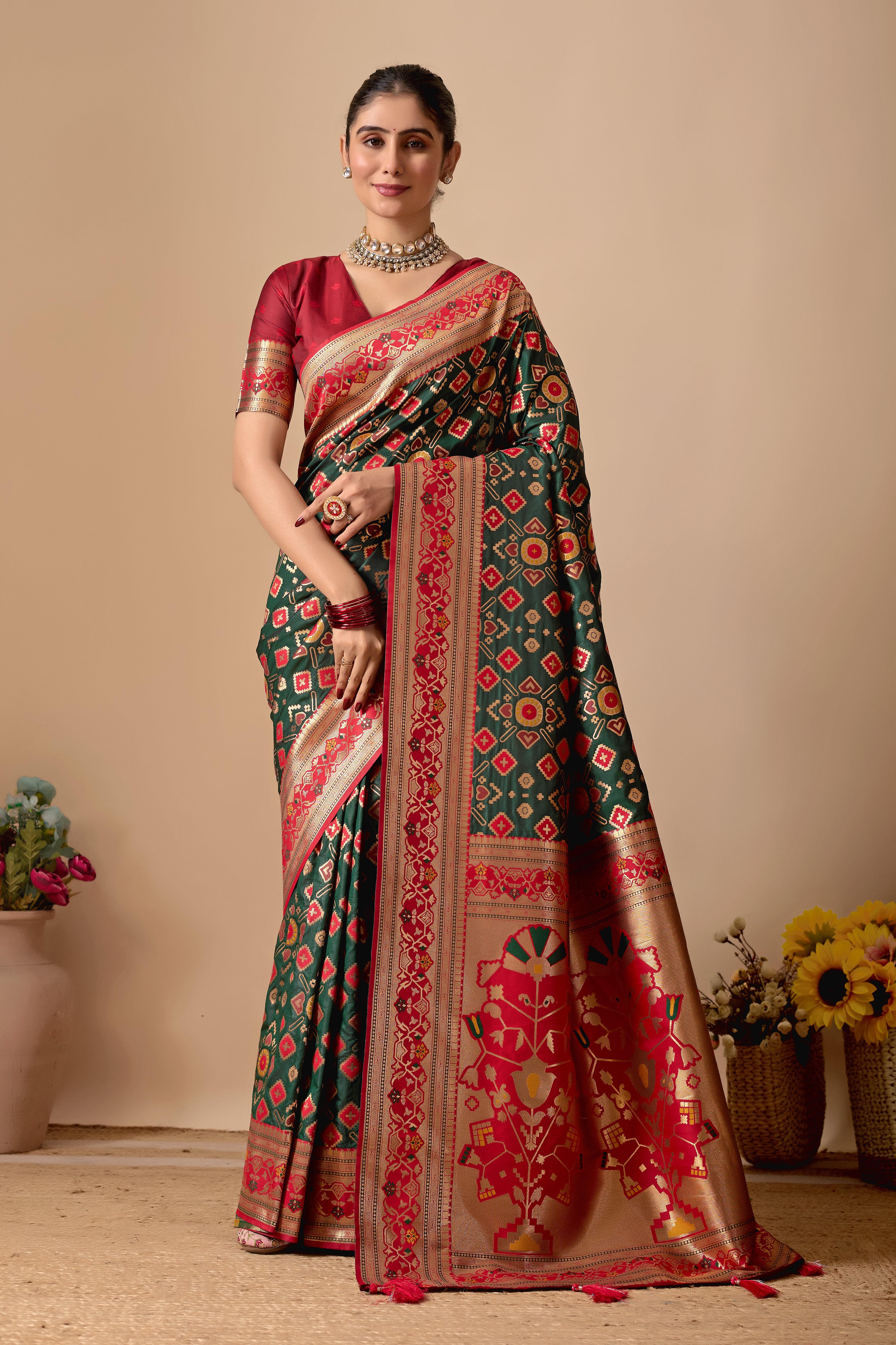 Patola Banarasi Silk Saree in Bottle Green and Red Contrast