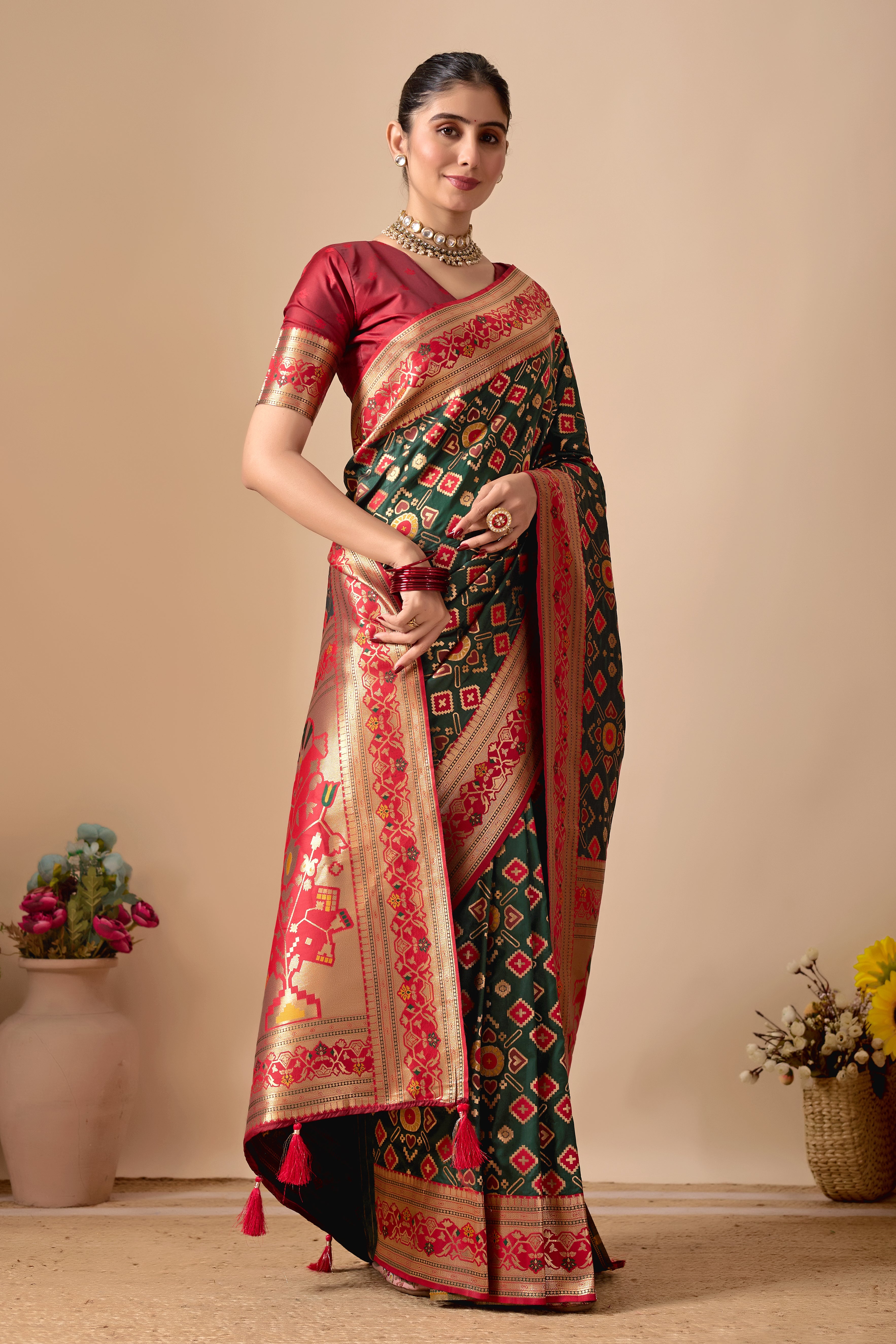 Patola Banarasi Silk Saree in Bottle Green and Red Contrast