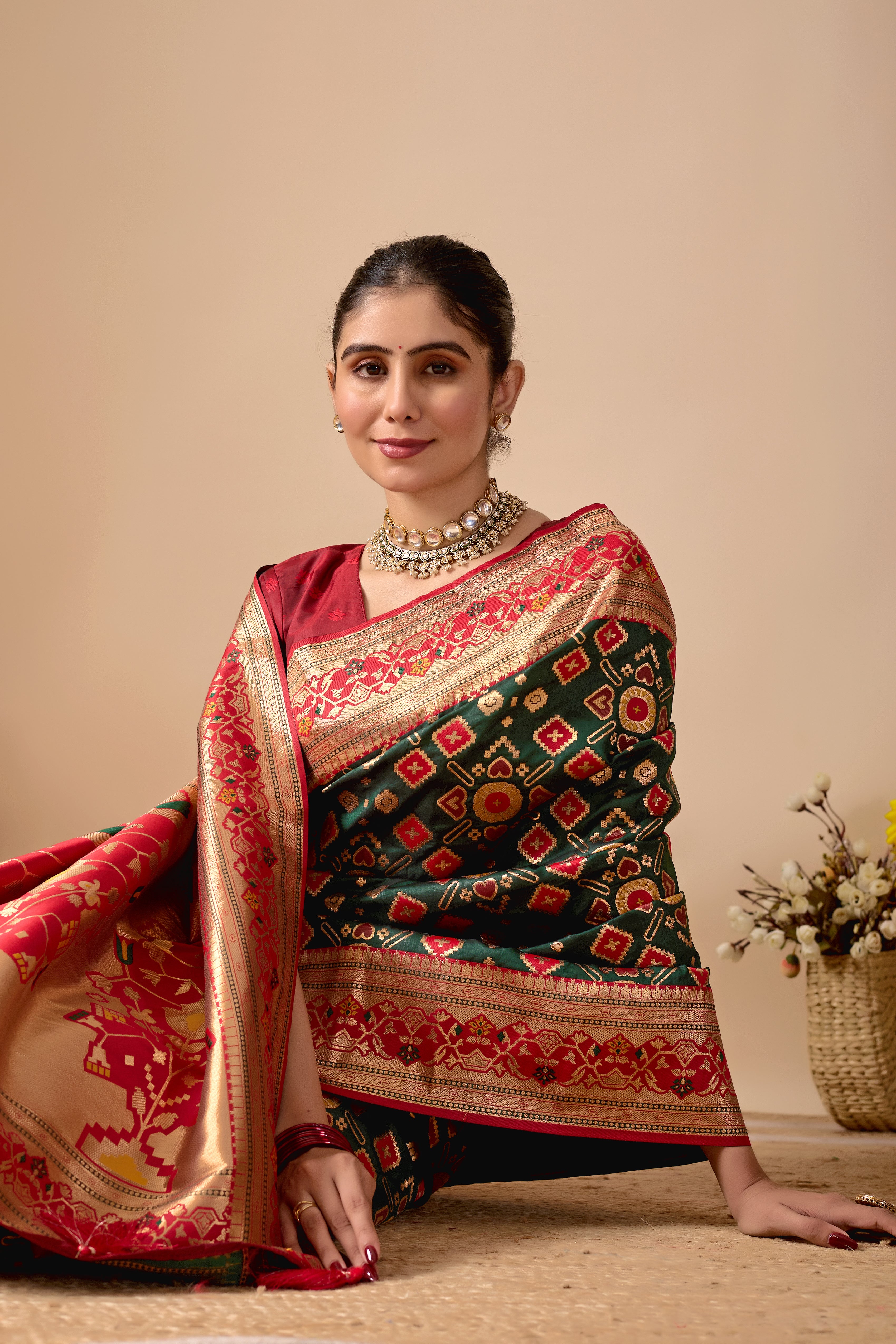 Patola Banarasi Silk Saree in Bottle Green and Red Contrast