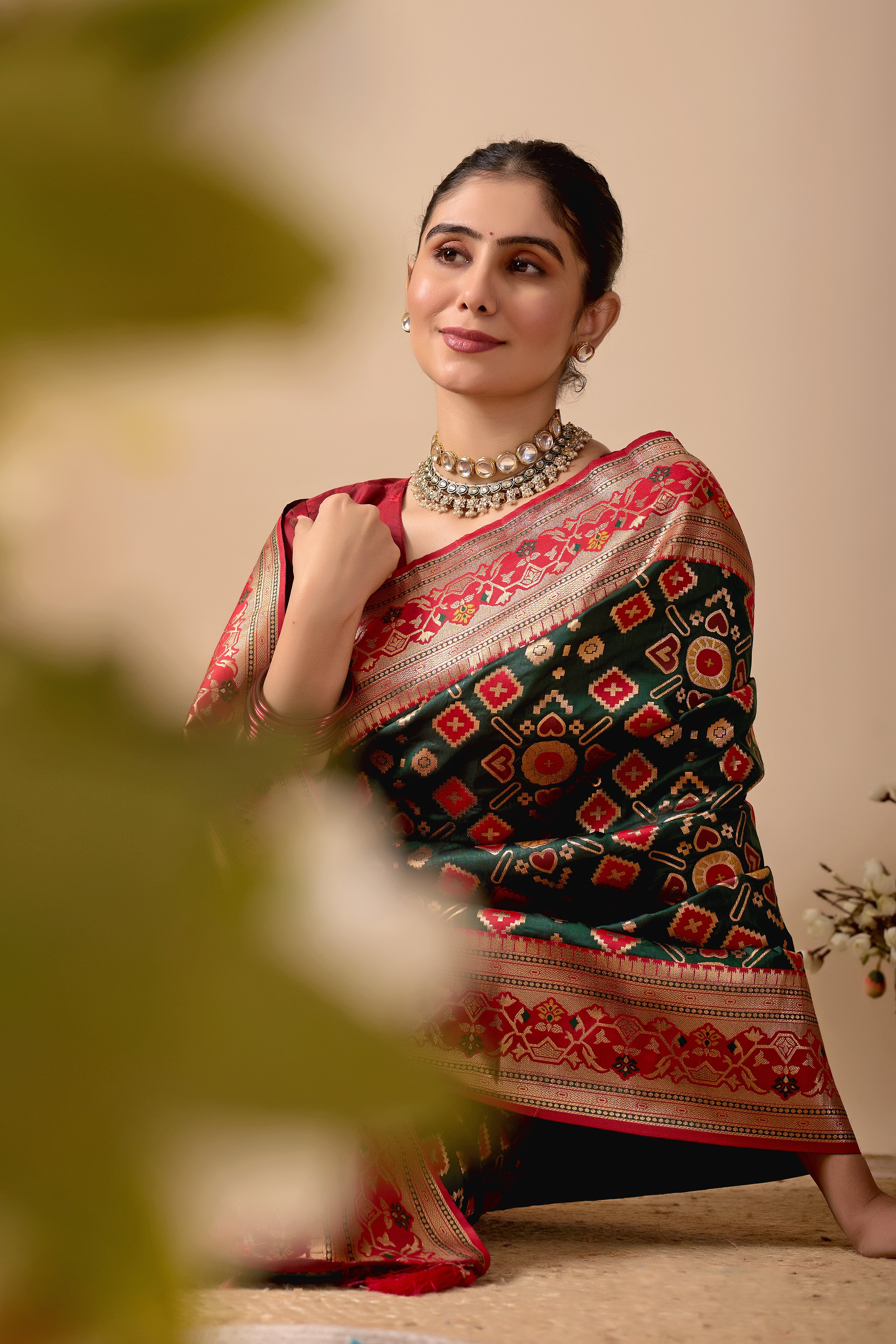 Patola Banarasi Silk Saree in Bottle Green and Red Contrast