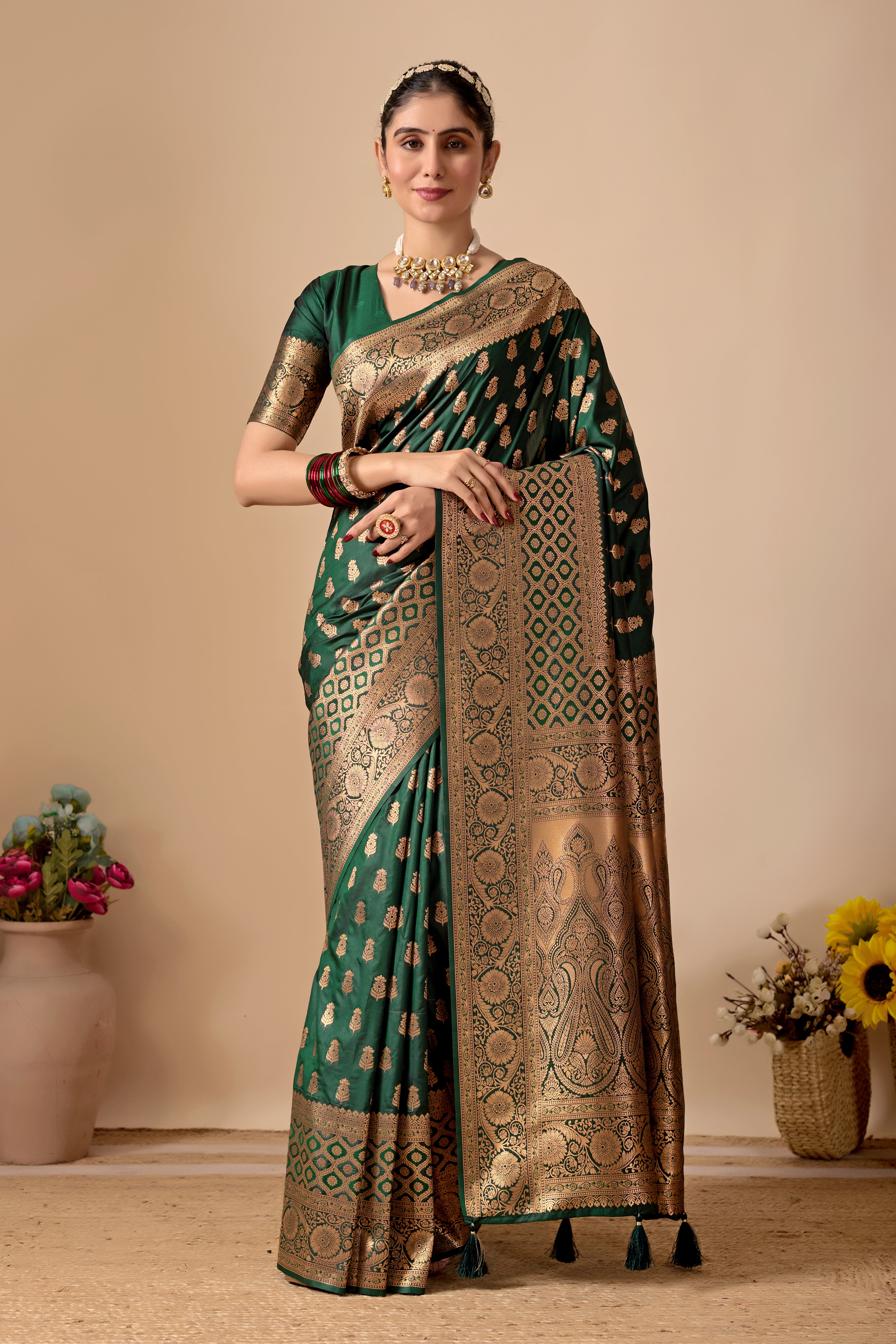 Tulip Banarasi Silk Saree in Bottle Green