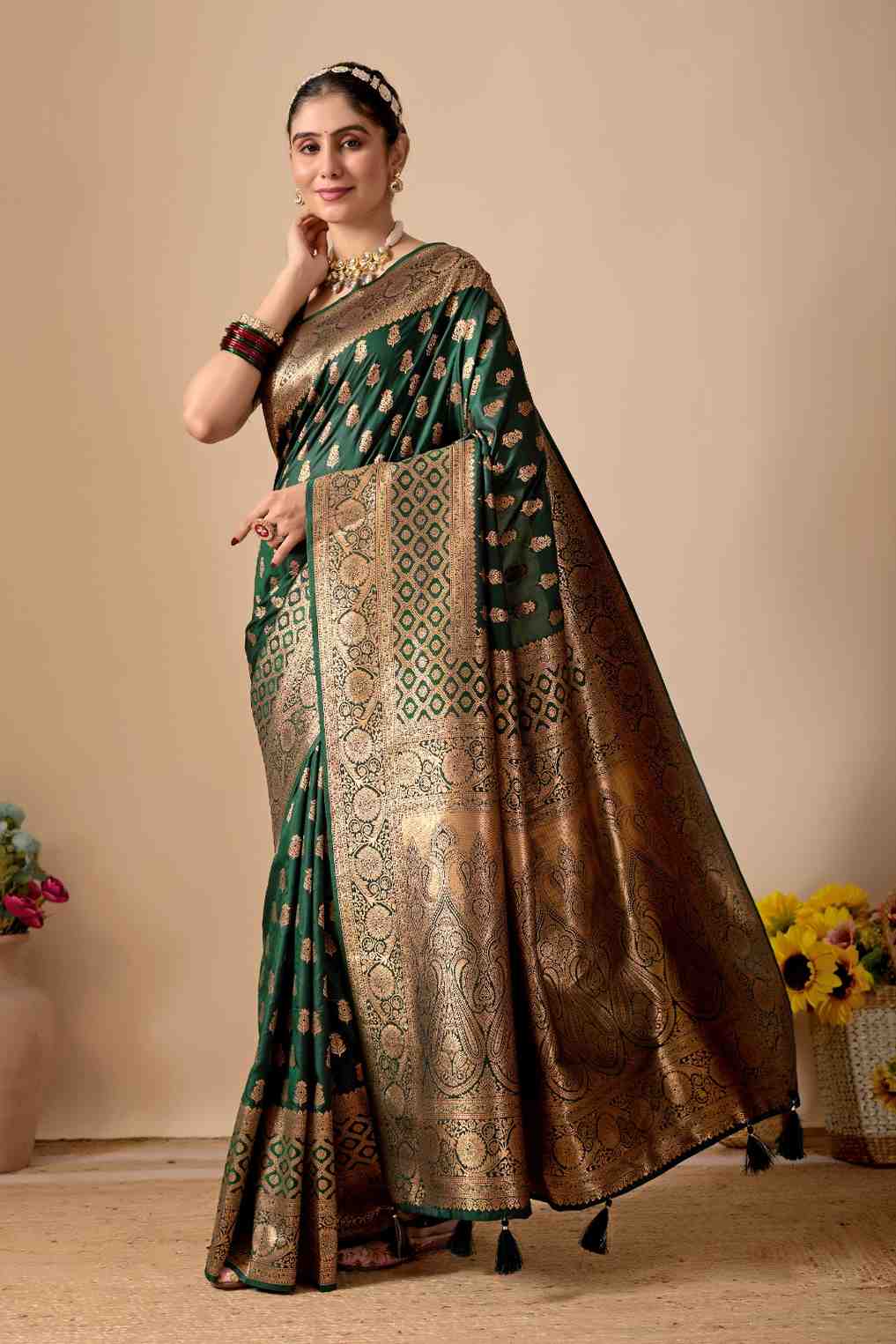 Tulip Banarasi Silk Saree in Bottle Green